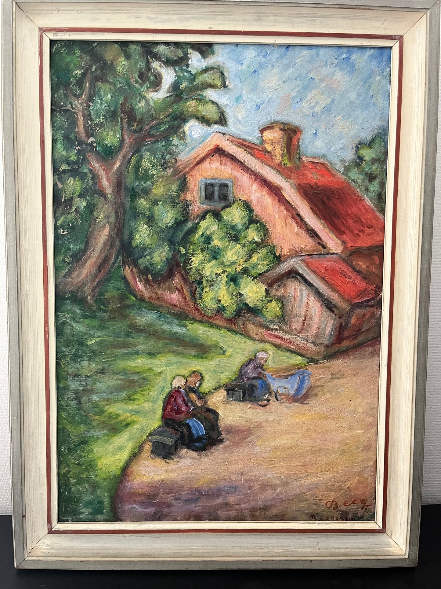 “Afternoon by the Cottage” Vintage Swedish Oil Painting.