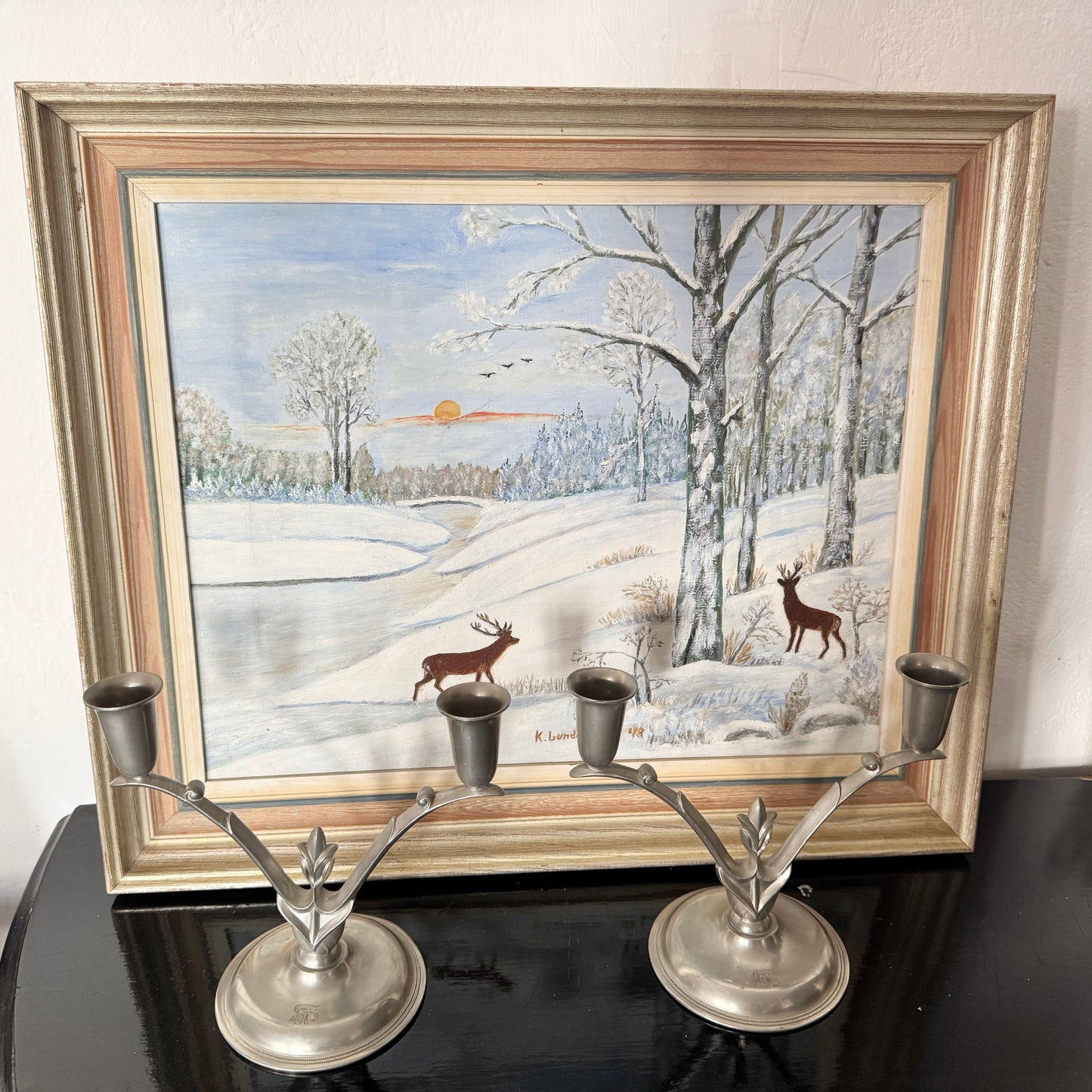 Nordtenn, Sweden 1933. Vintage Art Deco Pair of Pewter Candlesticks.