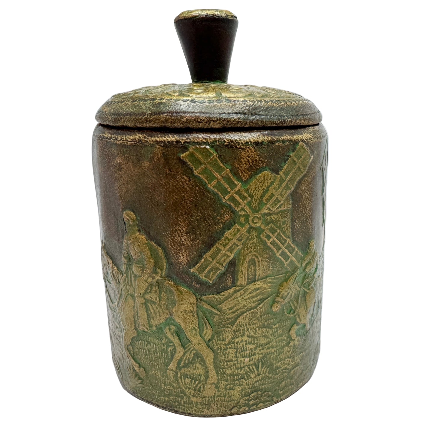 Early 1900s. Vintage Leather Wood Tobacco Jar