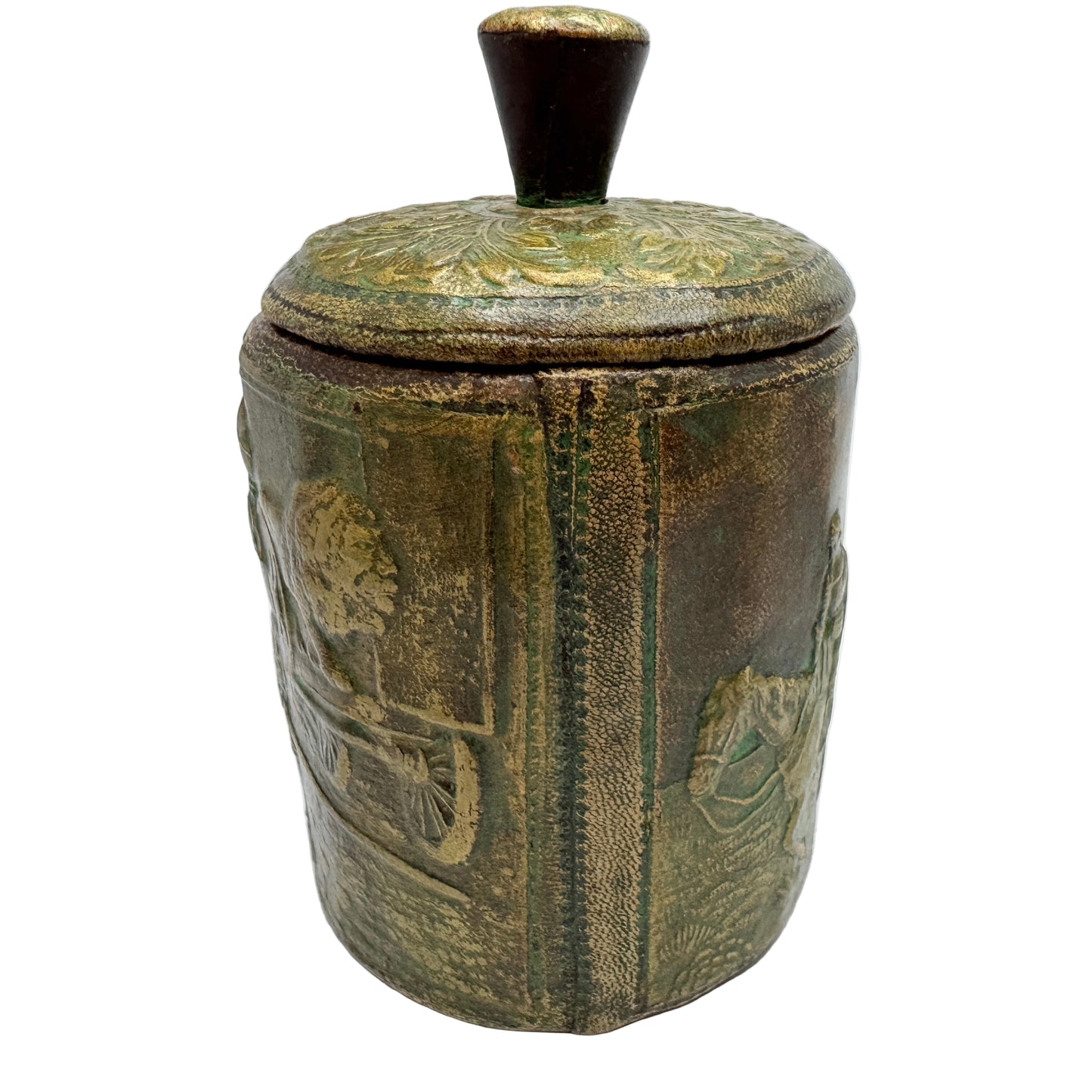 Early 1900s. Vintage Leather Wood Tobacco Jar