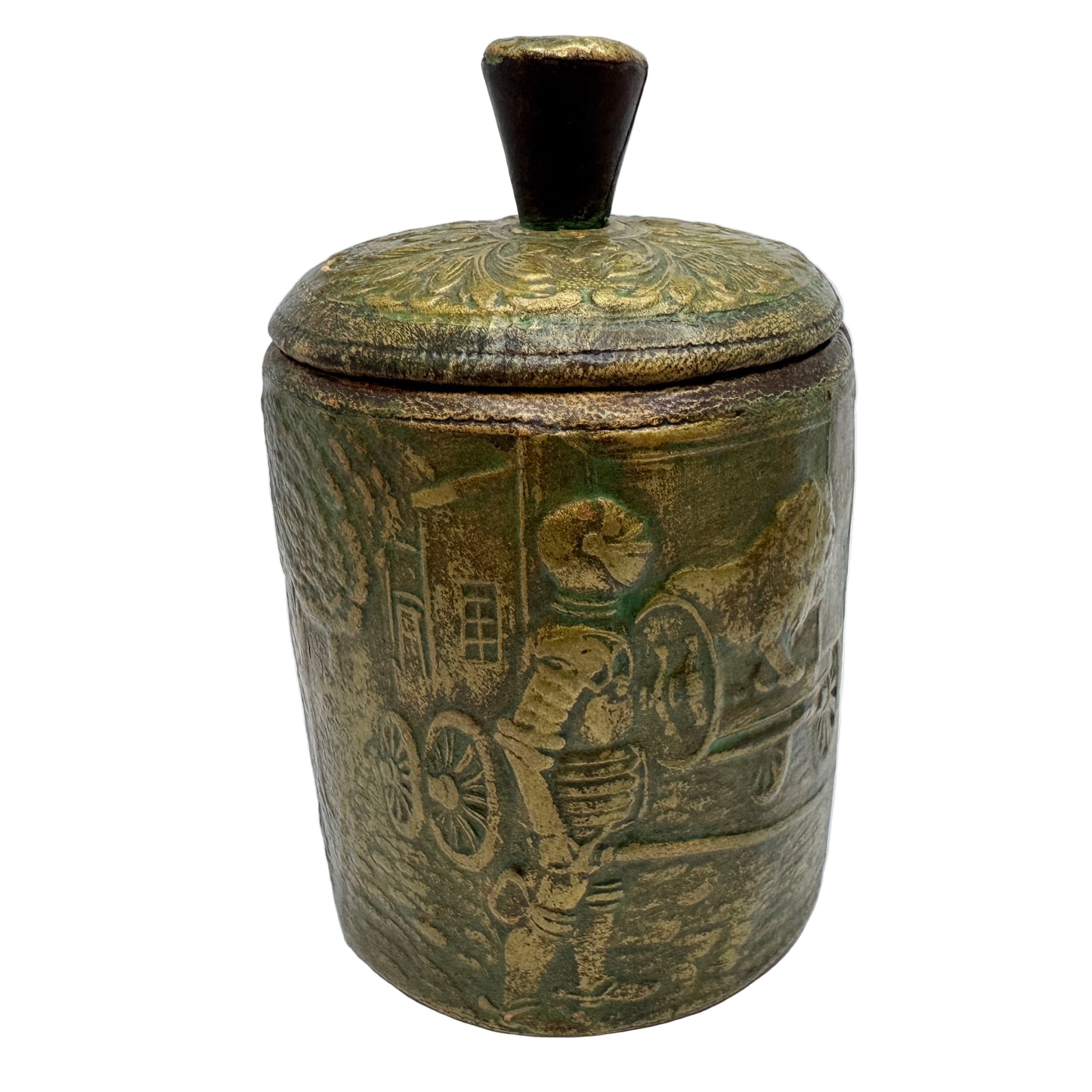 Early 1900s. Vintage Leather Wood Tobacco Jar