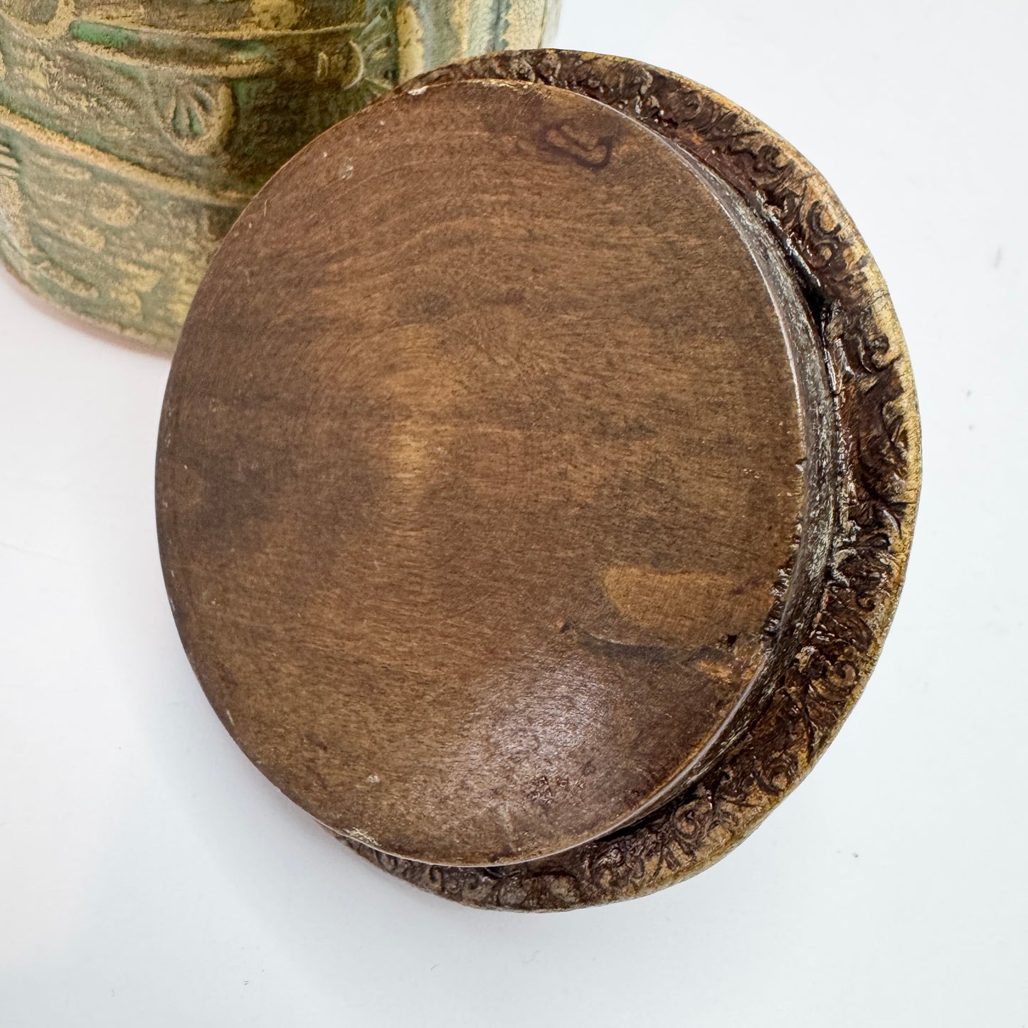 Early 1900s. Vintage Leather Wood Tobacco Jar