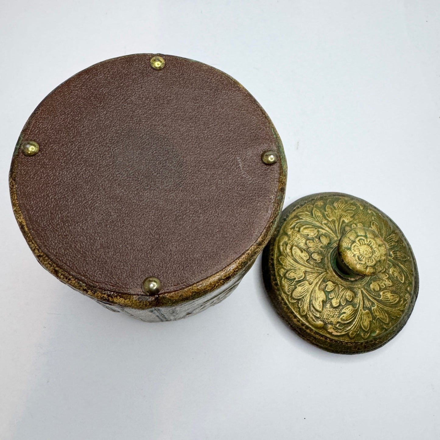 Early 1900s. Vintage Leather Wood Tobacco Jar