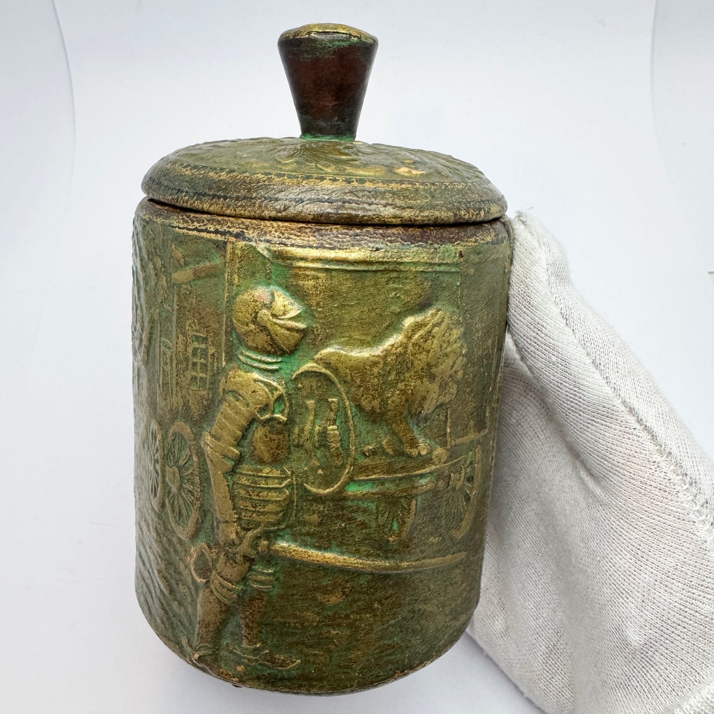 Early 1900s. Vintage Leather Wood Tobacco Jar
