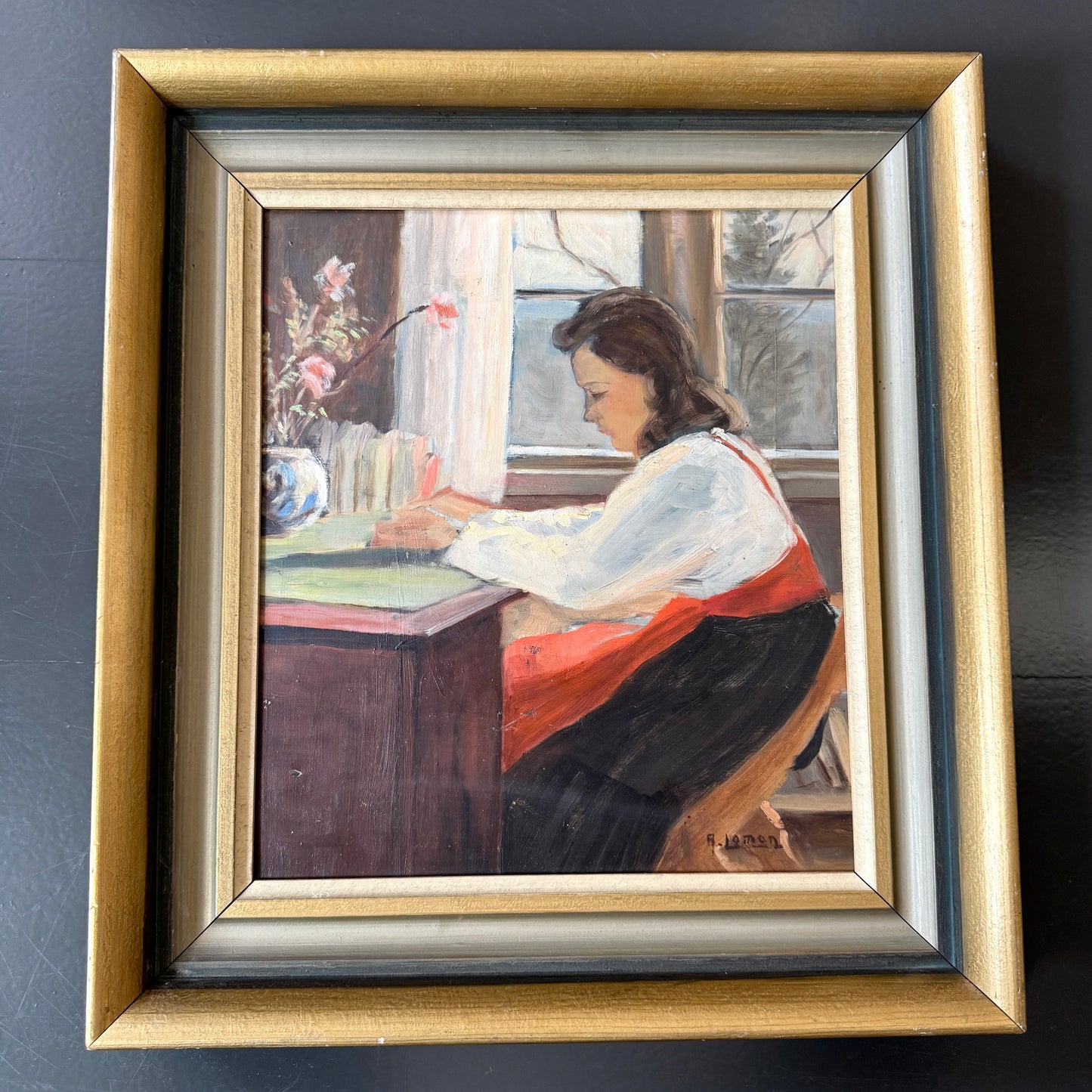 At Her Desk. Vintage Swedish Oil Painting with Dedication.