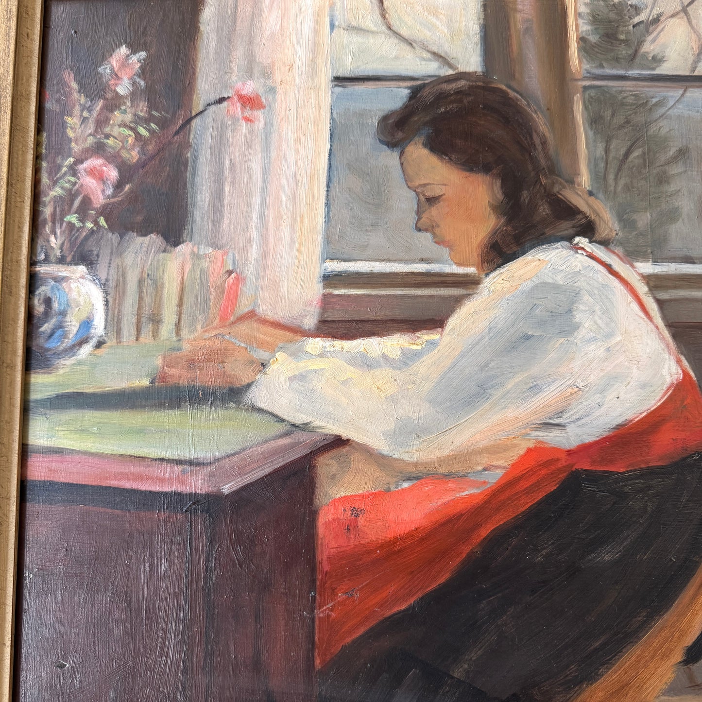 At Her Desk. Vintage Swedish Oil Painting with Dedication.