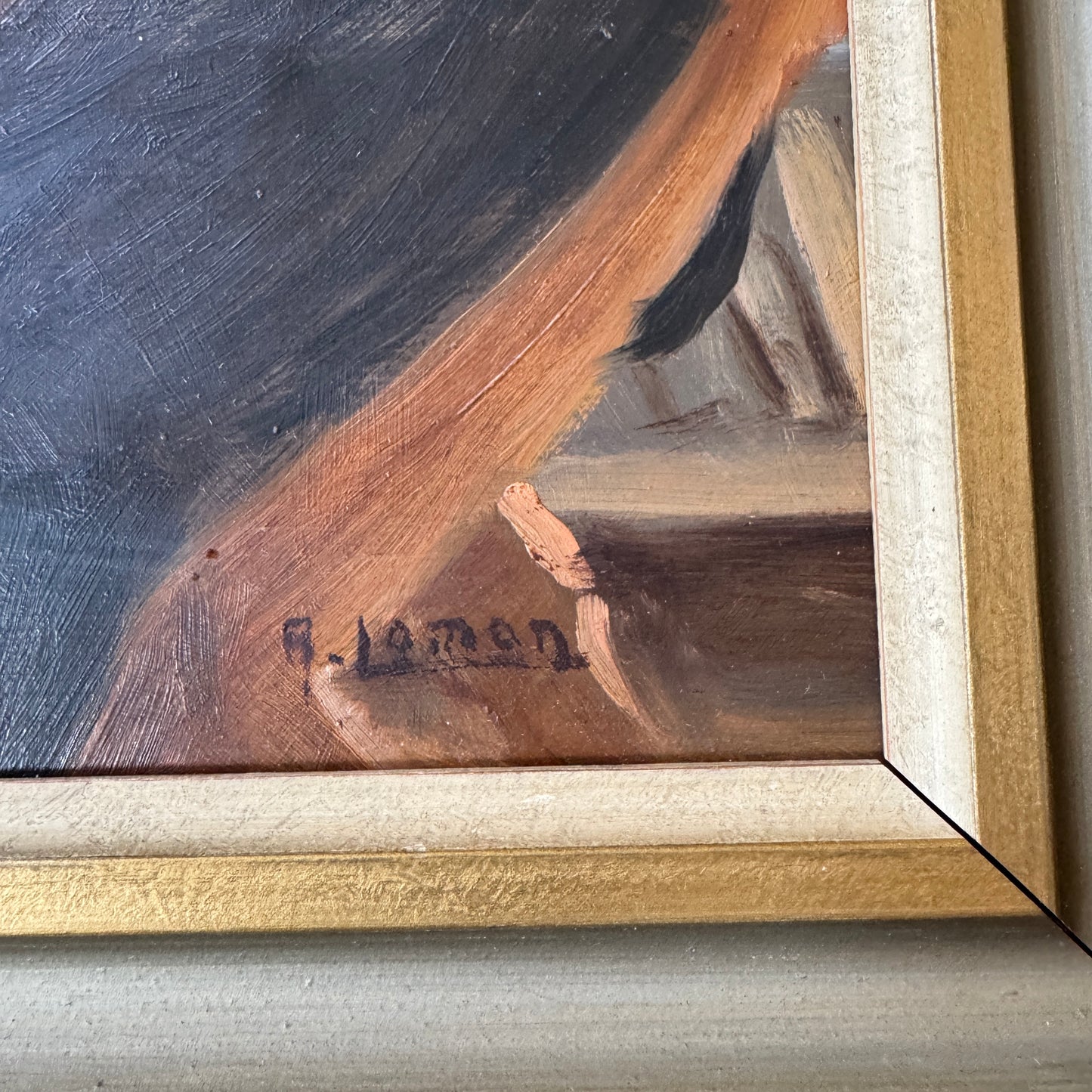 At Her Desk. Vintage Swedish Oil Painting with Dedication.