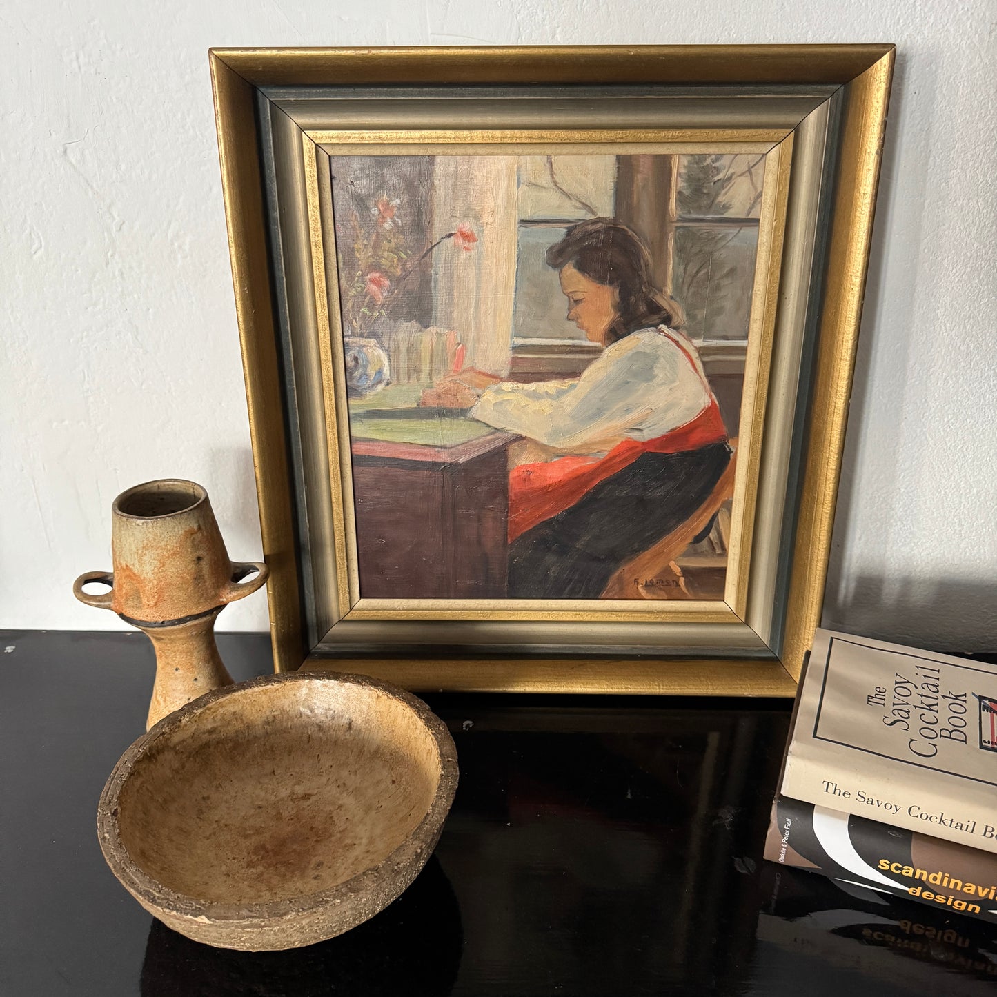 At Her Desk. Vintage Swedish Oil Painting with Dedication.