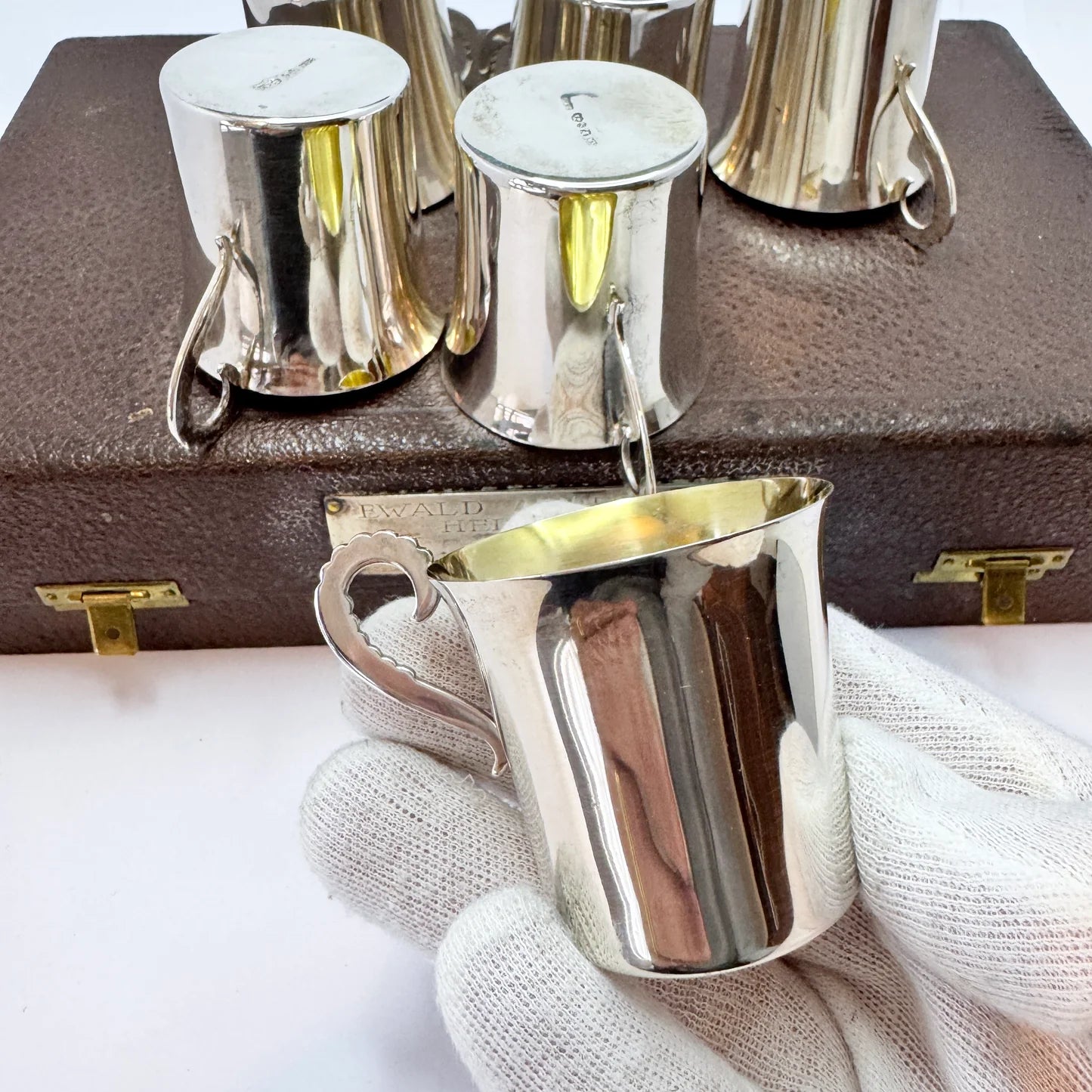 C.G Hallberg, Sweden 1938. Vintage Sterling Silver Boxed Liquor Cups