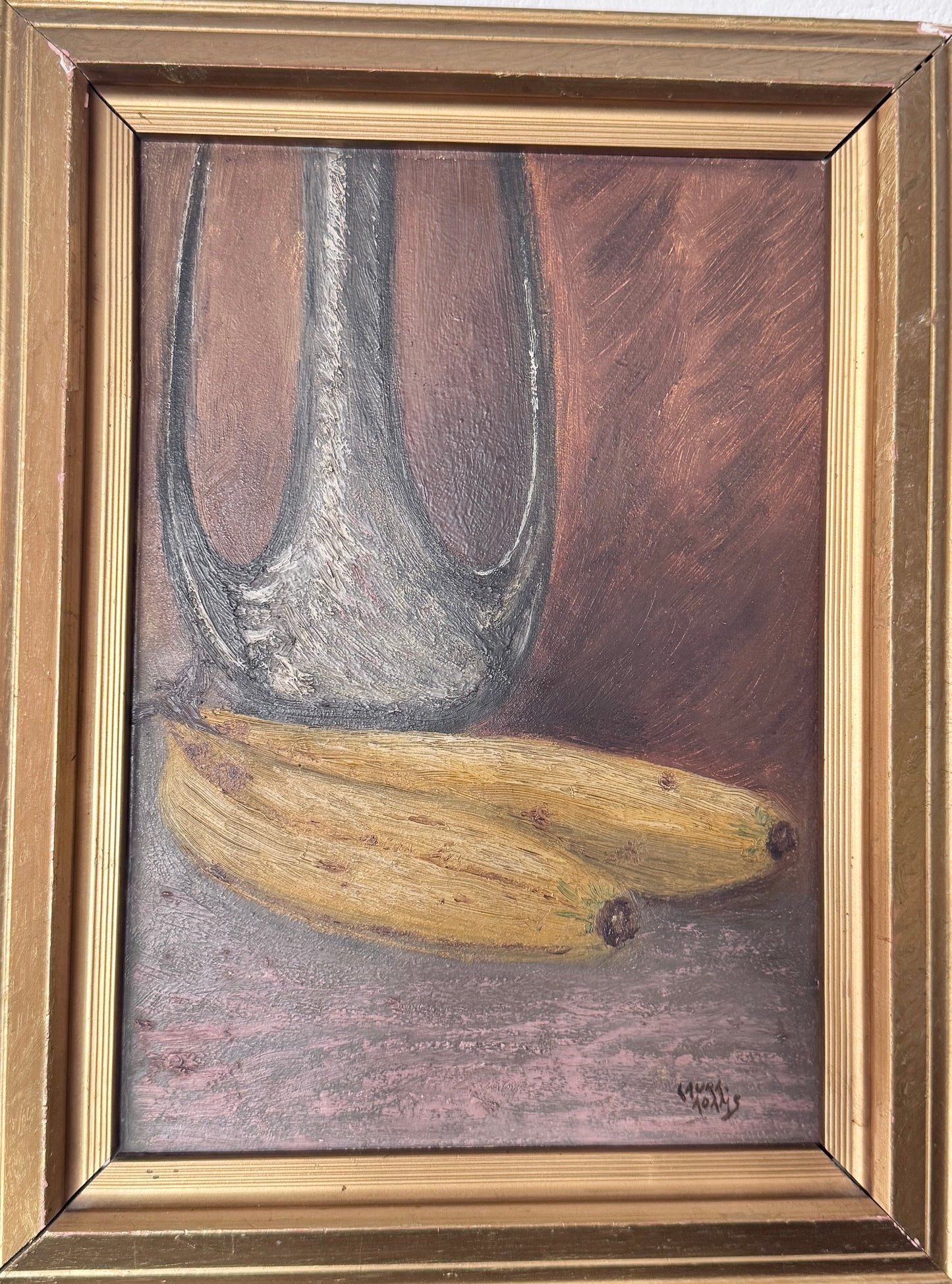 Still Life with Bananas. Vintage Original Oil Painting.