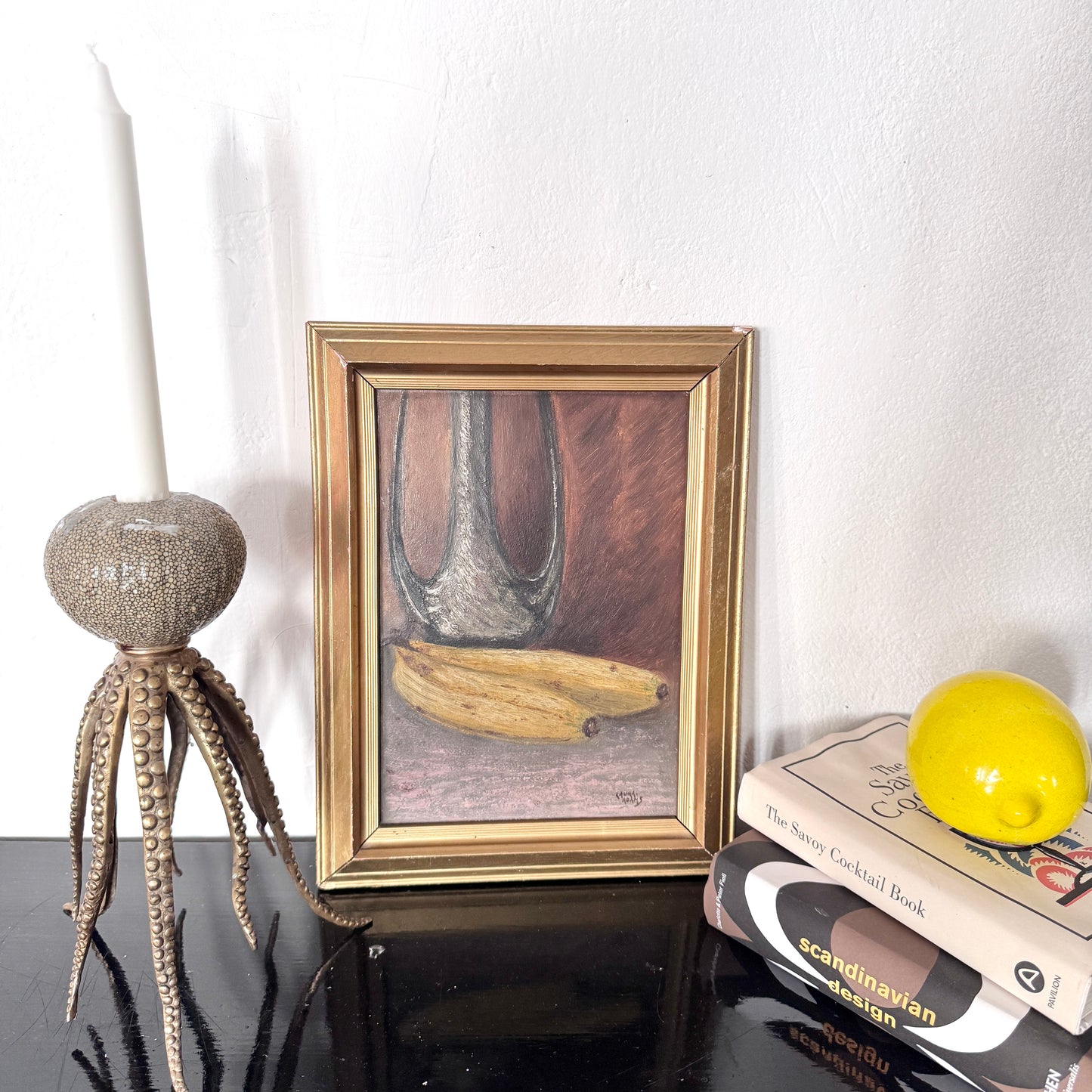 Still Life with Bananas. Vintage Original Oil Painting.