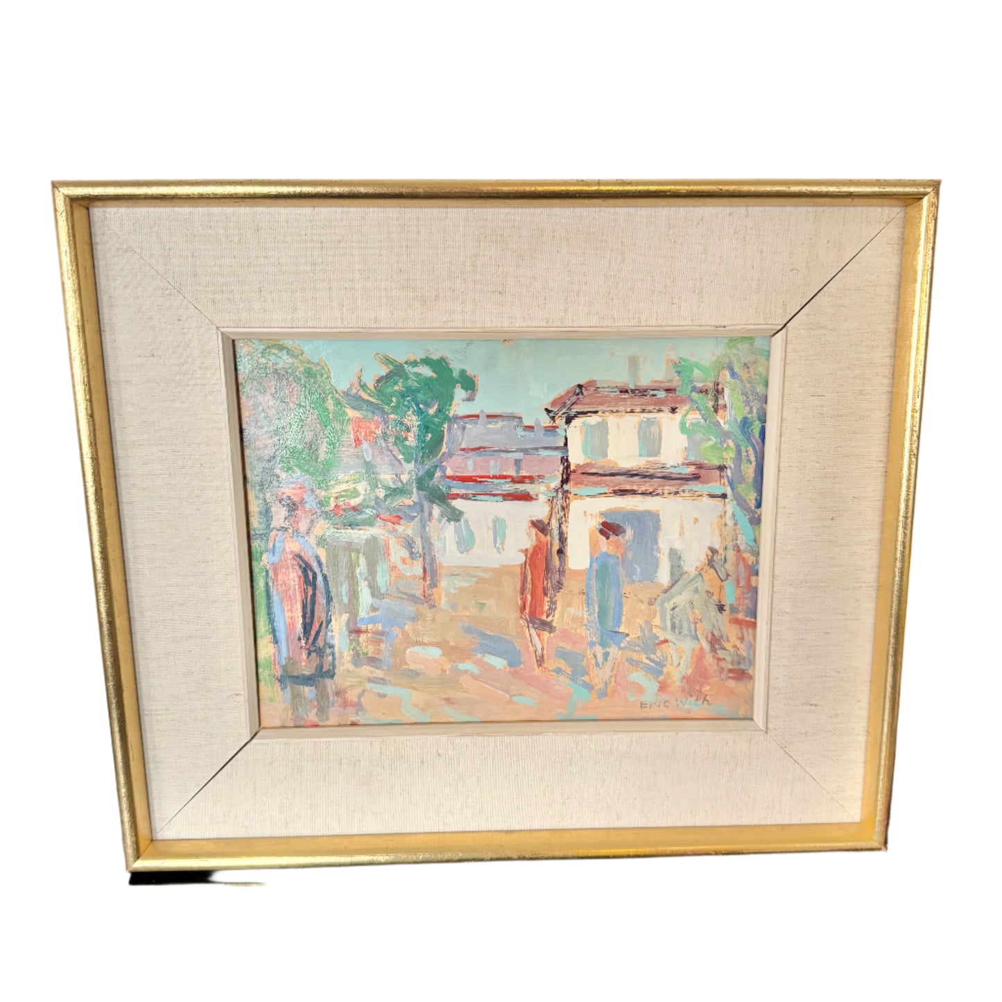 Mediterranean Village Stroll. Vintage Mid Century Oil Painting