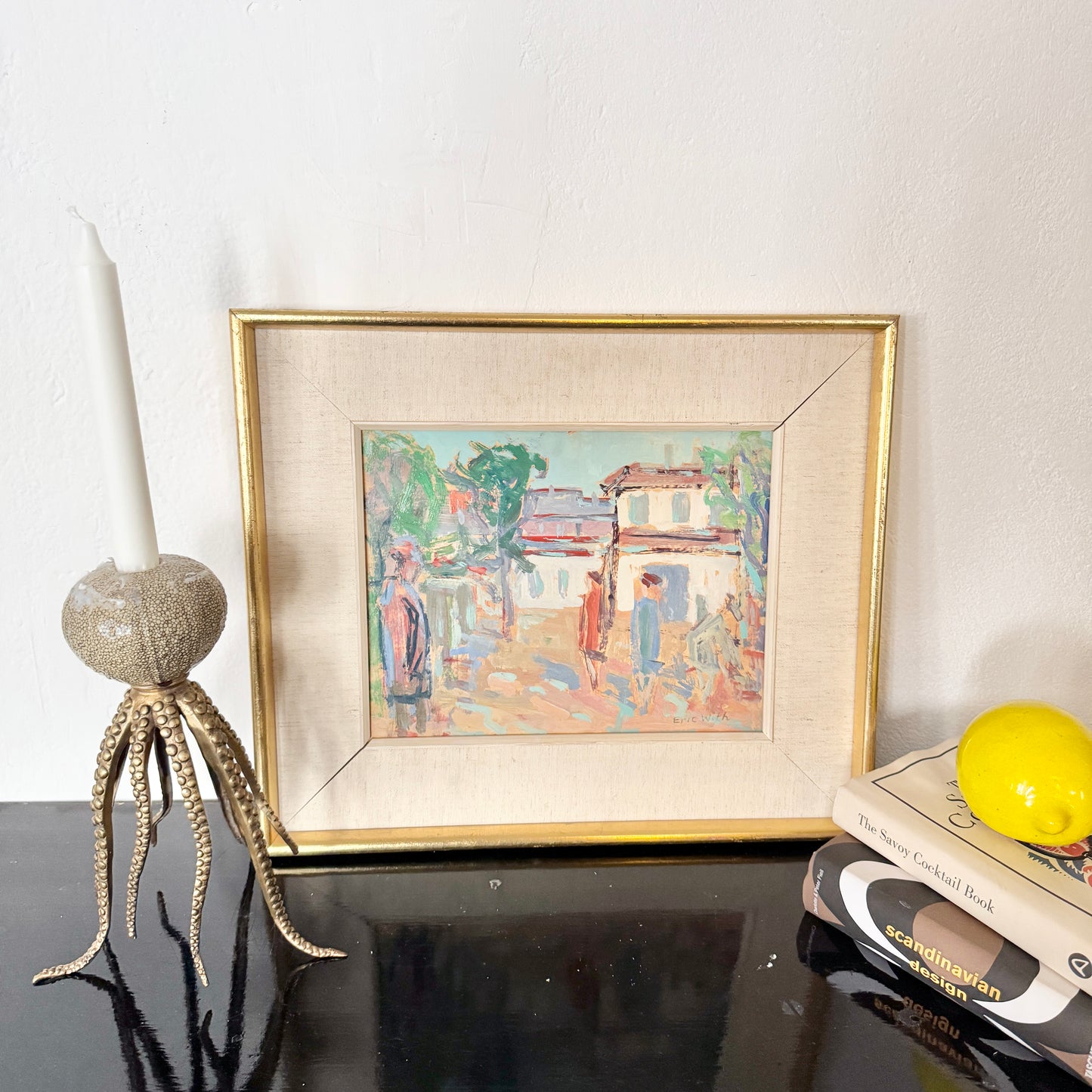 Mediterranean Village Stroll. Vintage Mid Century Oil Painting