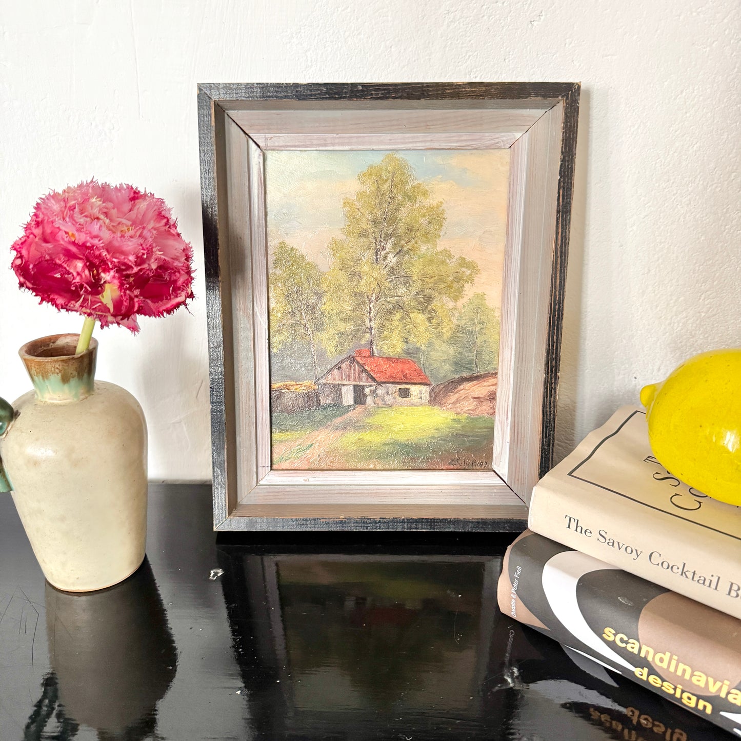 Swedish Stone Cottage Birchwood 1899. Antique Swedish oil Painting