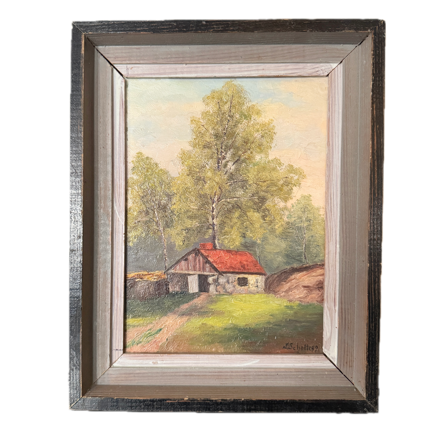 Swedish Stone Cottage Birchwood 1899. Antique Swedish oil Painting