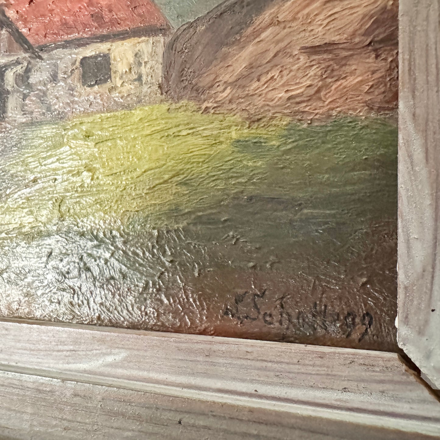 Swedish Stone Cottage Birchwood 1899. Antique Swedish oil Painting