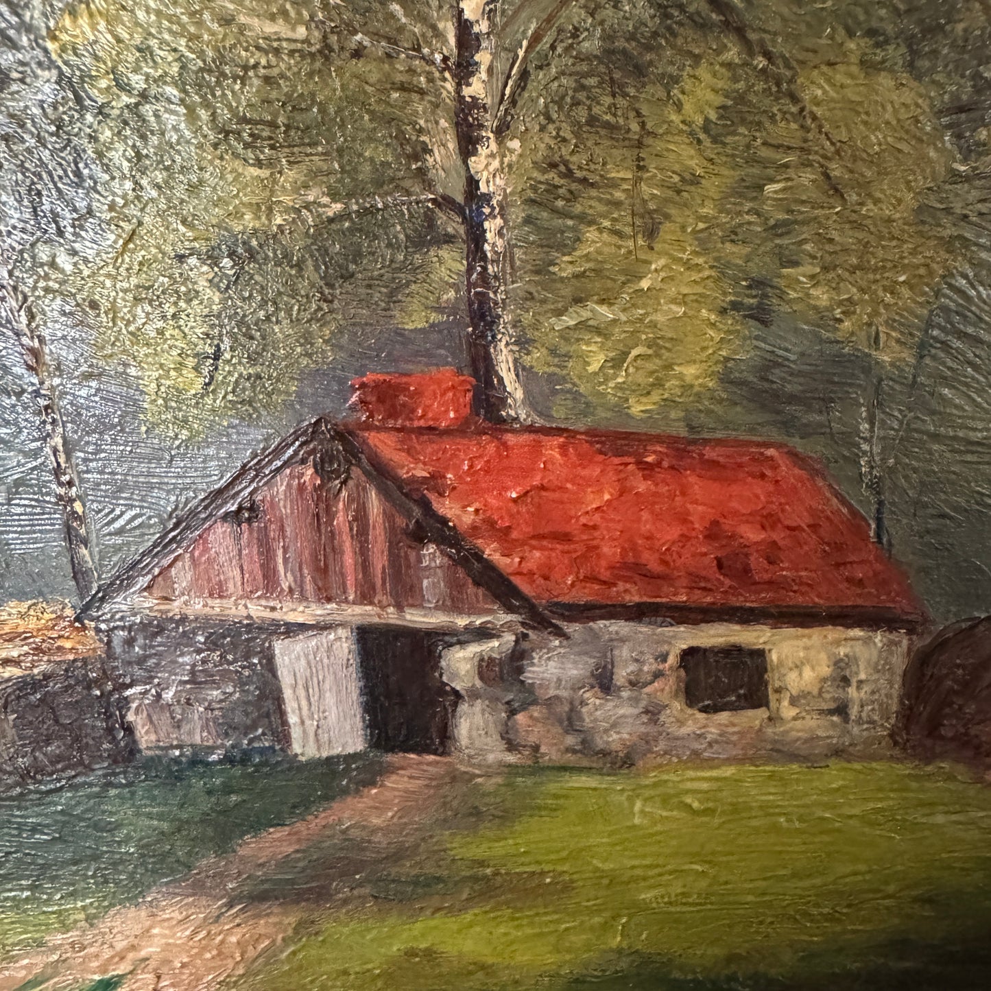 Swedish Stone Cottage Birchwood 1899. Antique Swedish oil Painting