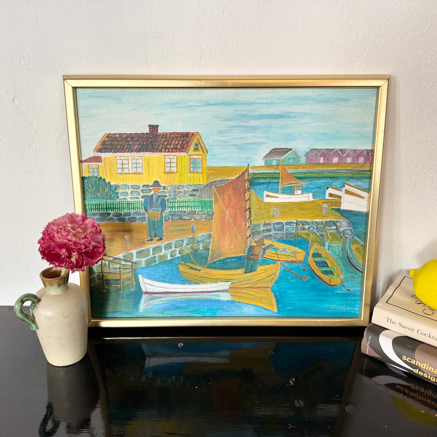 Dockside Days 1934. Vintage Swedish Naïve Oil Painting.