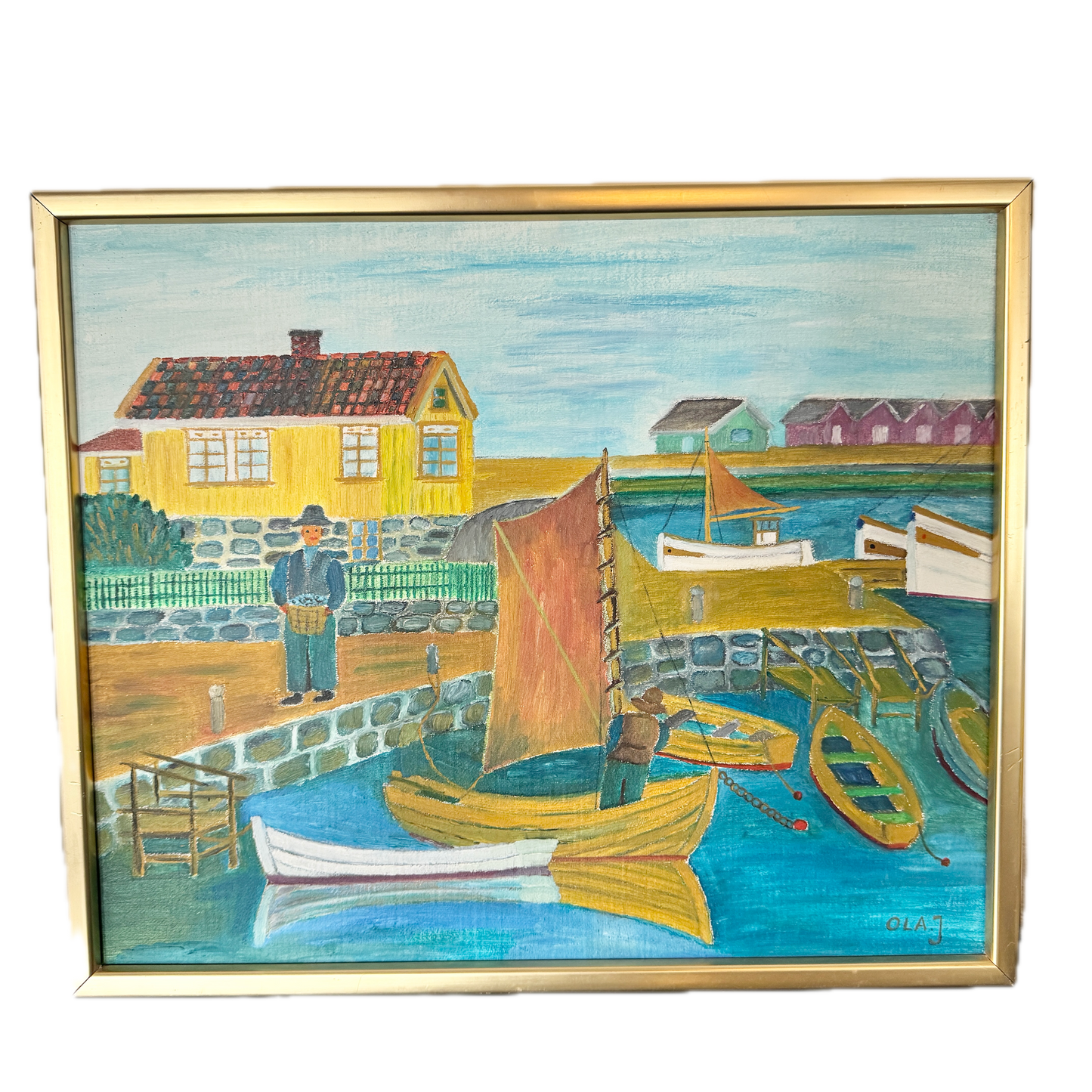 Dockside Days 1934. Vintage Swedish Naïve Oil Painting.