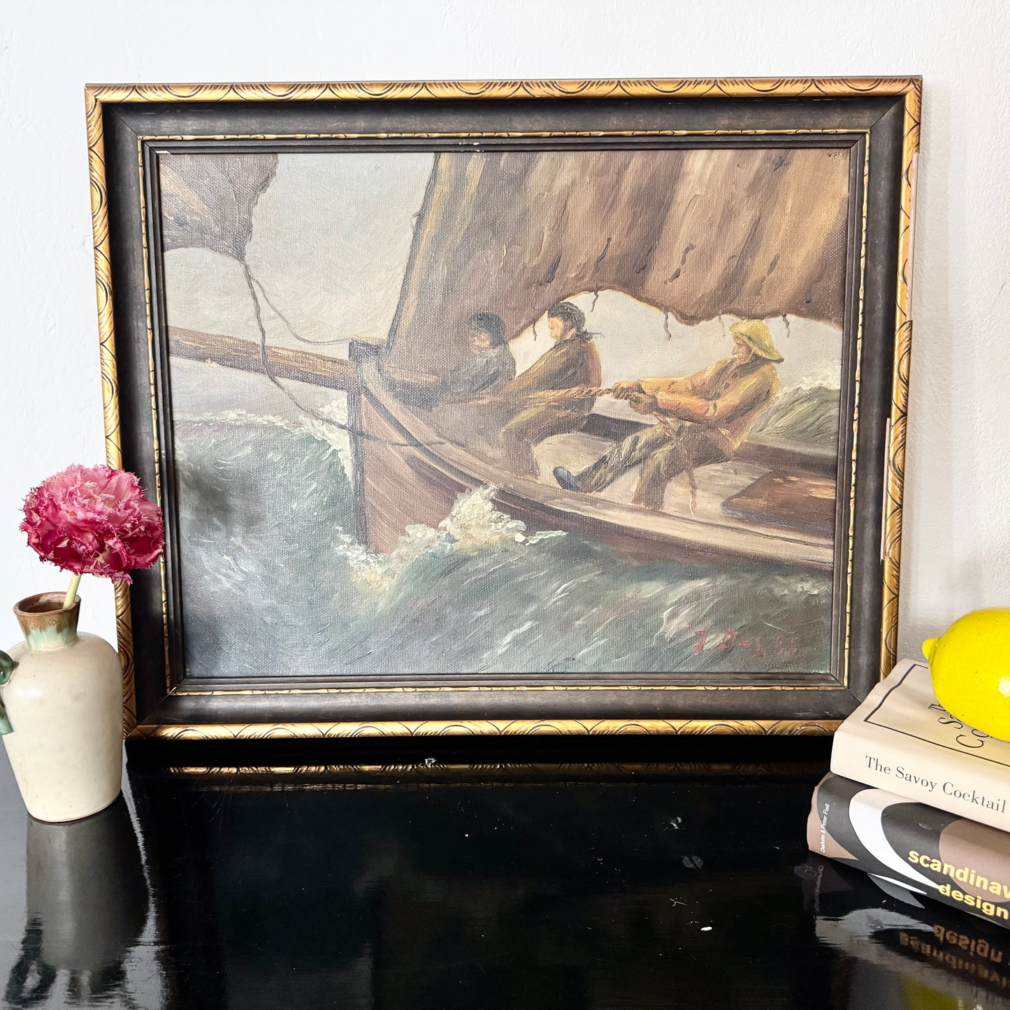 Braving the Swell 1928. Vintage Swedish Oil Painting.