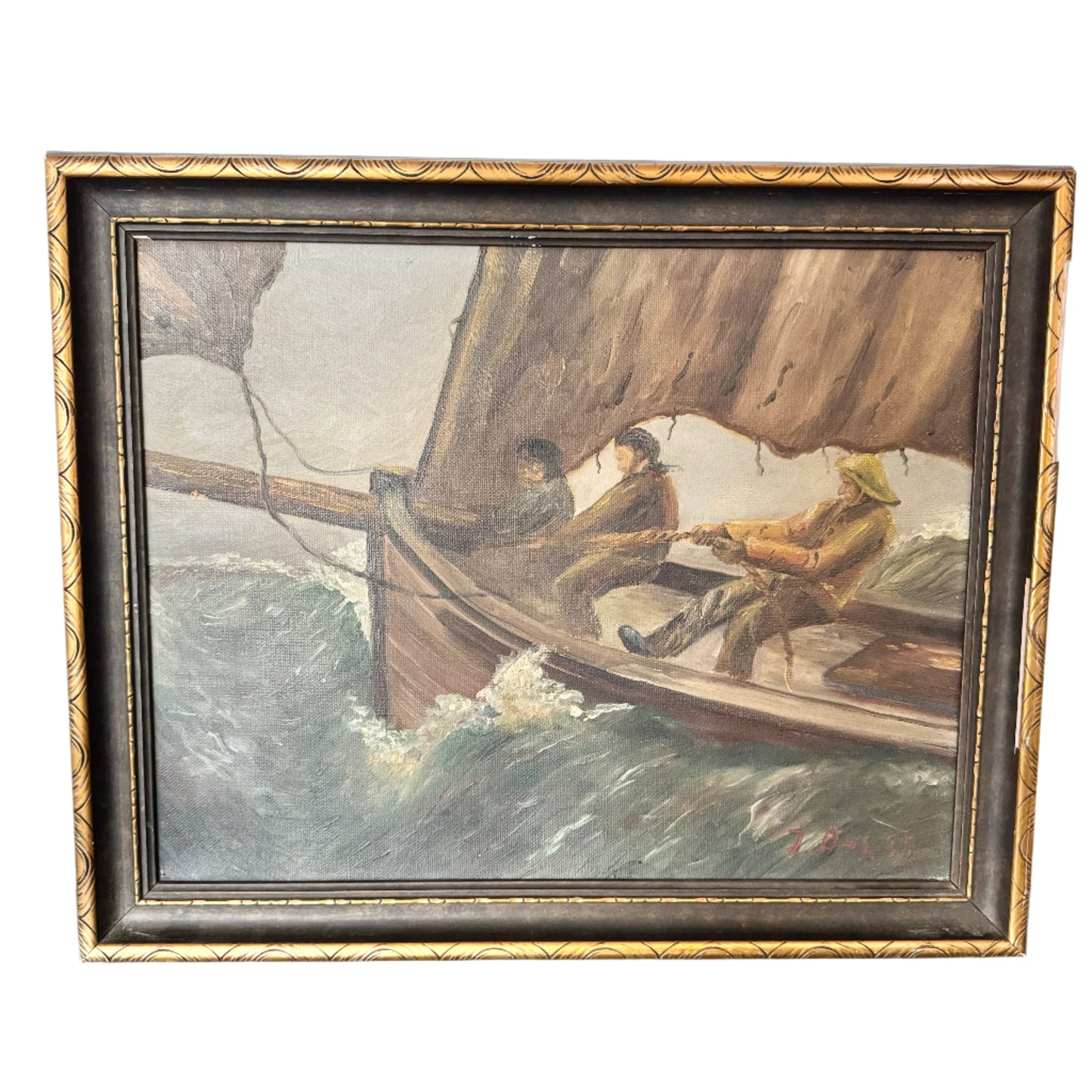 Braving the Swell 1928. Vintage Swedish Oil Painting.