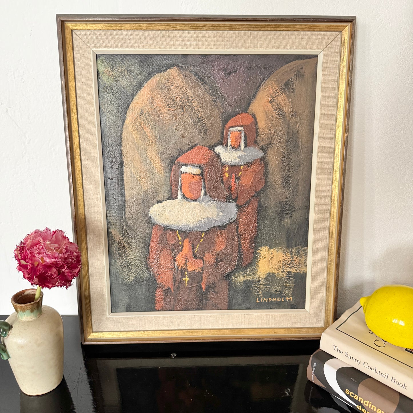 The Nuns. Vintage Swedish Modernist Oil Painting.