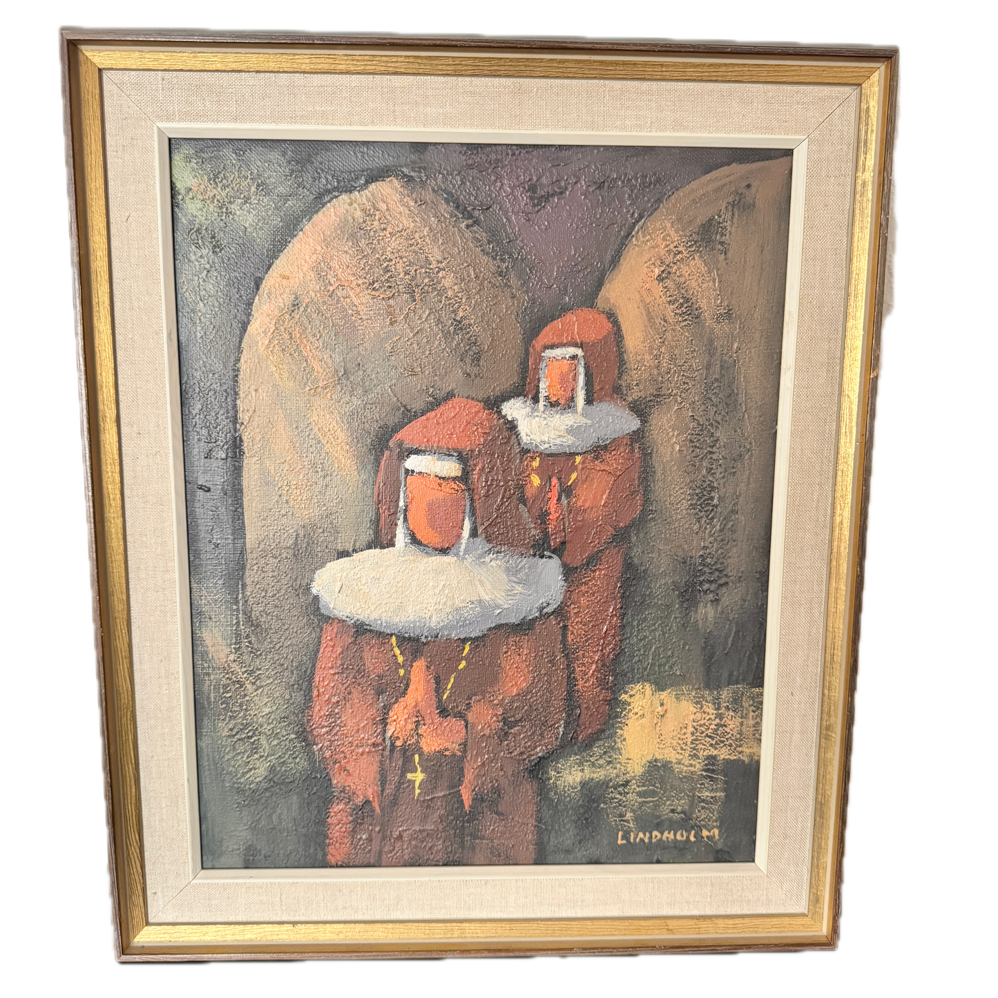 The Nuns. Vintage Swedish Modernist Oil Painting.