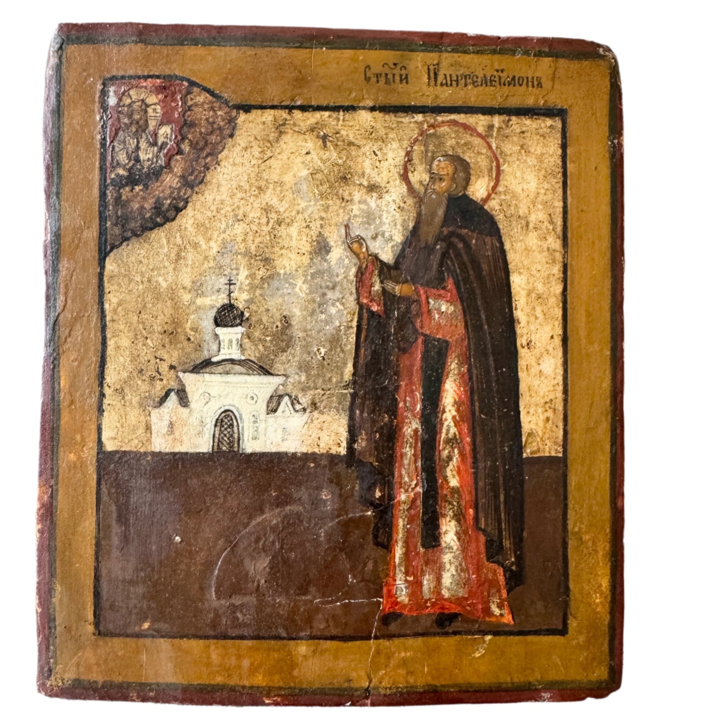 Saint Panteleimon in Prayer Before the Church. 19th-century Icon on Wood.