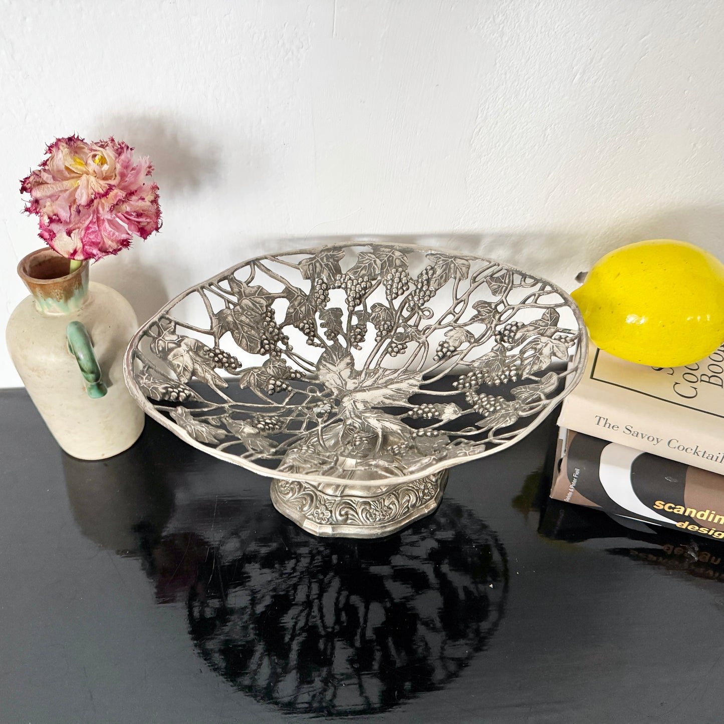 Vintage Silver-plated Metal Grape Basket Bowl.