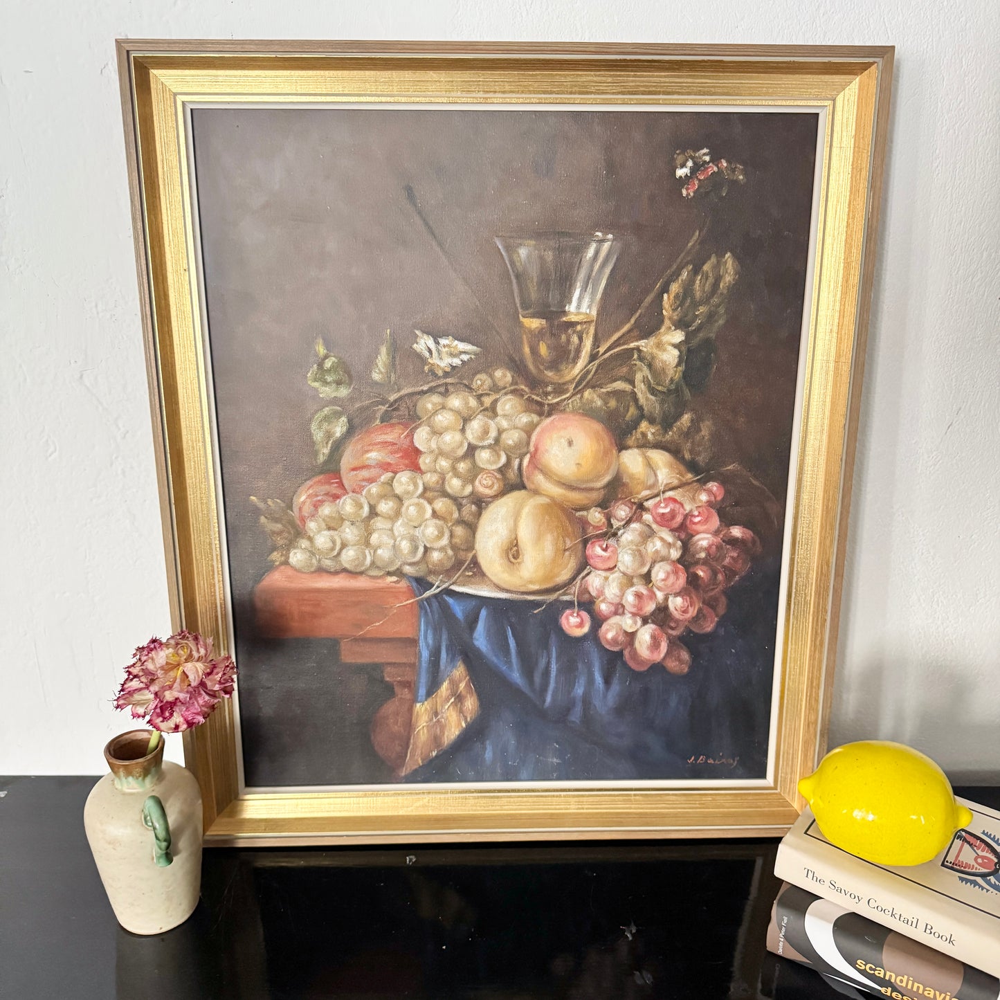 Still Life with Summer Fruits and Wine. Vintage Oil Painting.