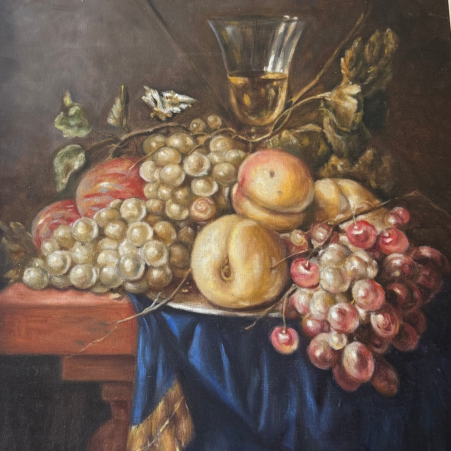 Still Life with Summer Fruits and Wine. Vintage Oil Painting.