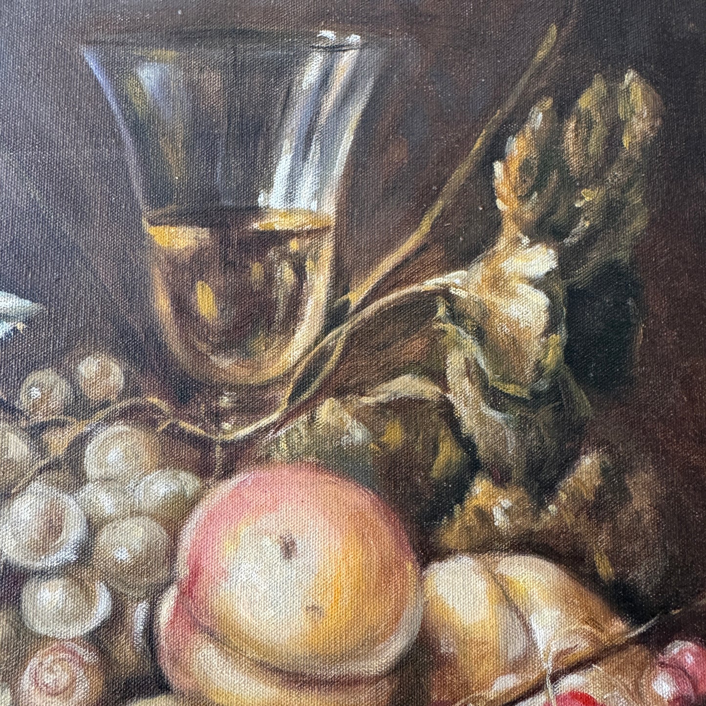 Still Life with Summer Fruits and Wine. Vintage Oil Painting.
