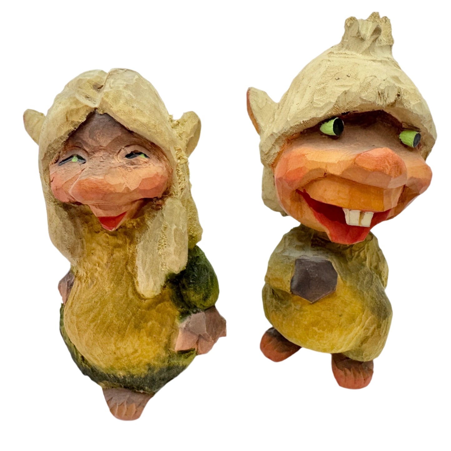 The Happy Troll Couple. Two Vintage Hand-carved Norwegian Trolls