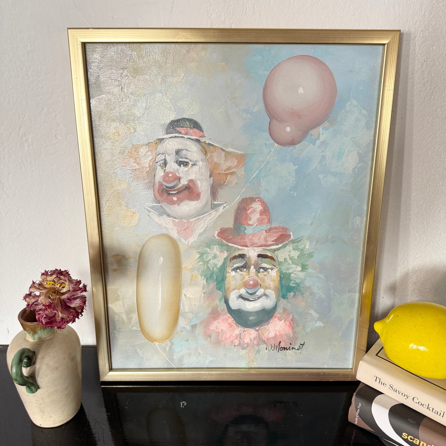 Two Clowns, Two Balloons. Vintage Oil Painting.