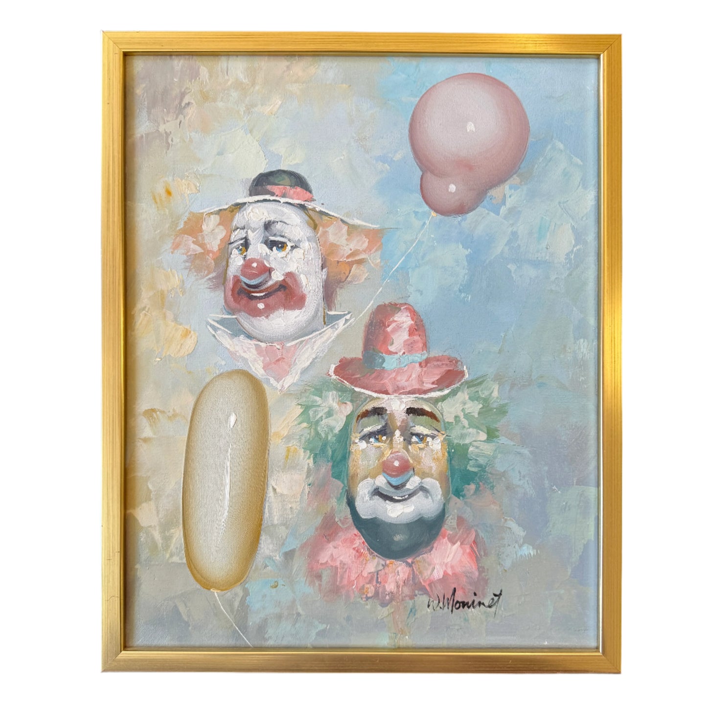 Two Clowns, Two Balloons. Vintage Oil Painting.