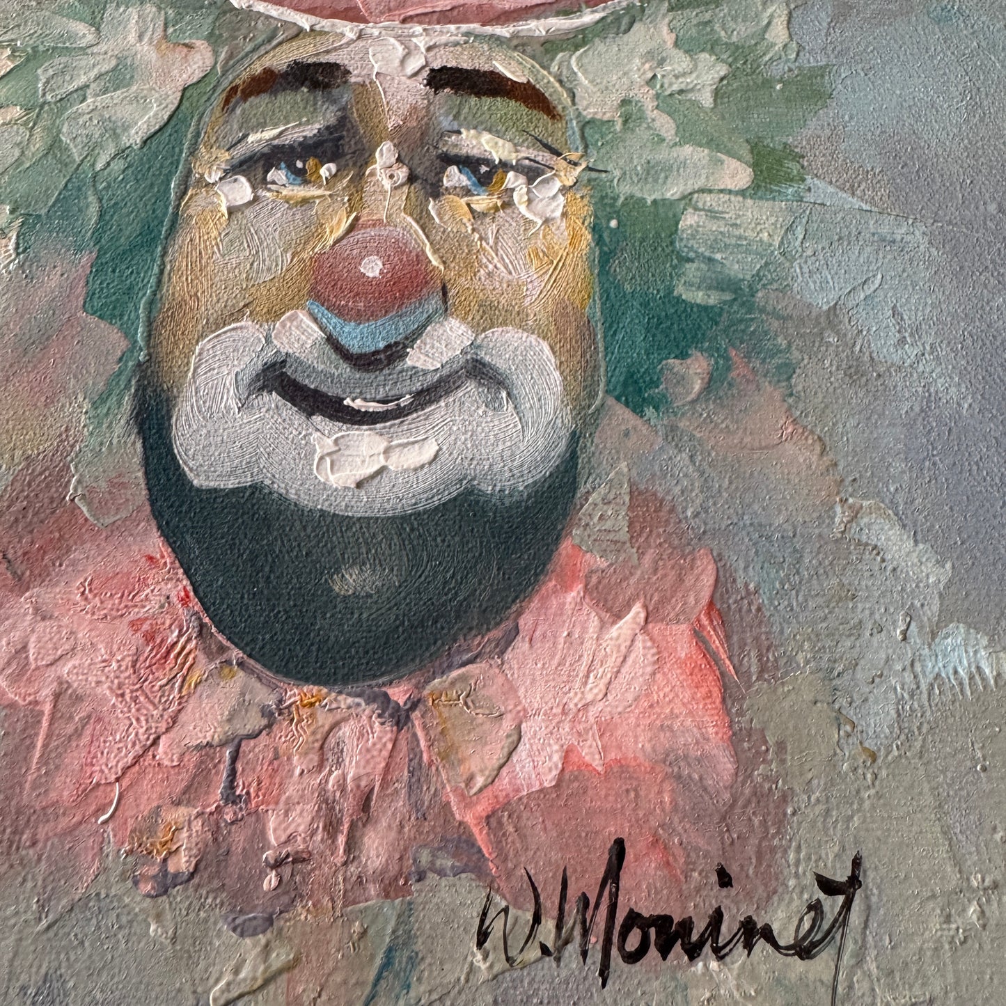 Two Clowns, Two Balloons. Vintage Oil Painting.