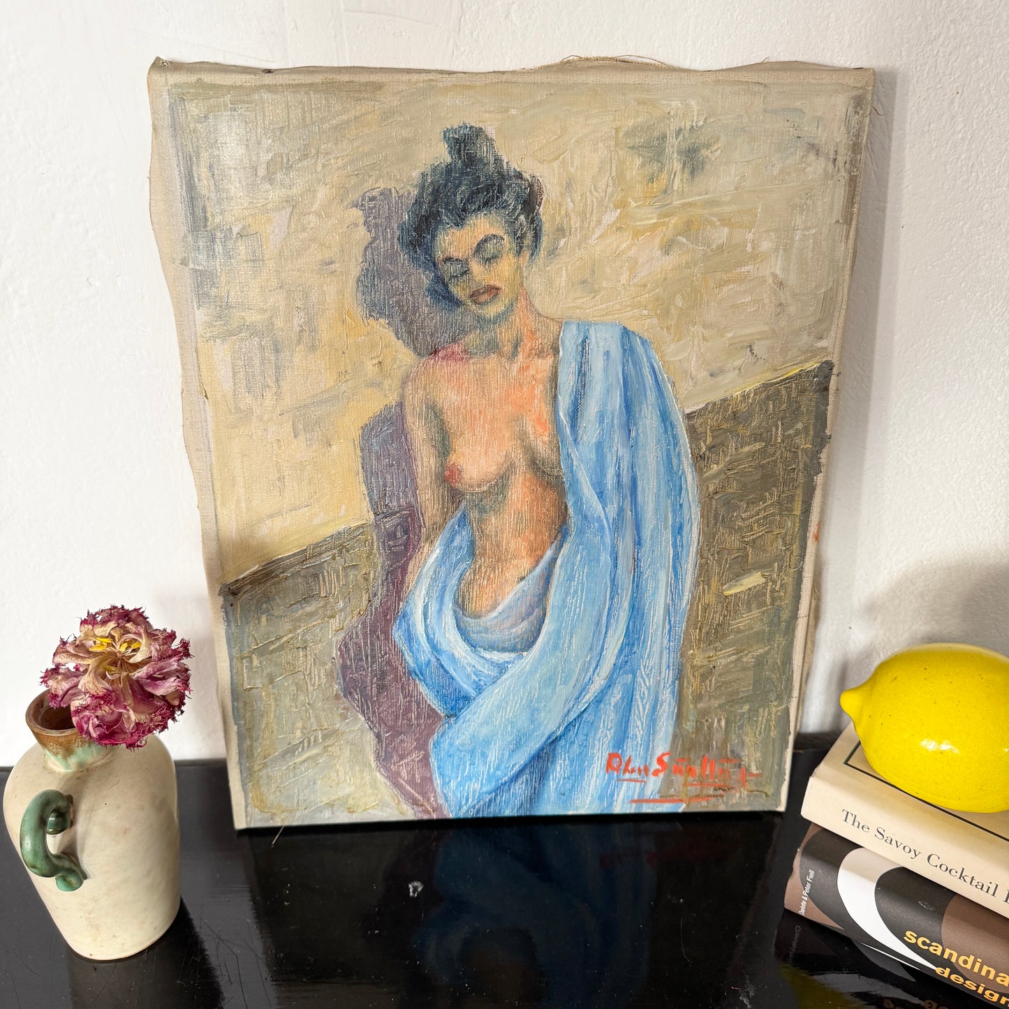 Infødt Pike 1948. Norwegian Artist, Southern Europe Vintage Oil Painting