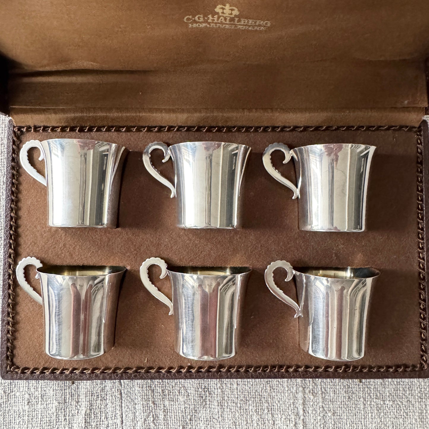 C.G Hallberg, Sweden 1938. Vintage Sterling Silver Boxed Liquor Cups