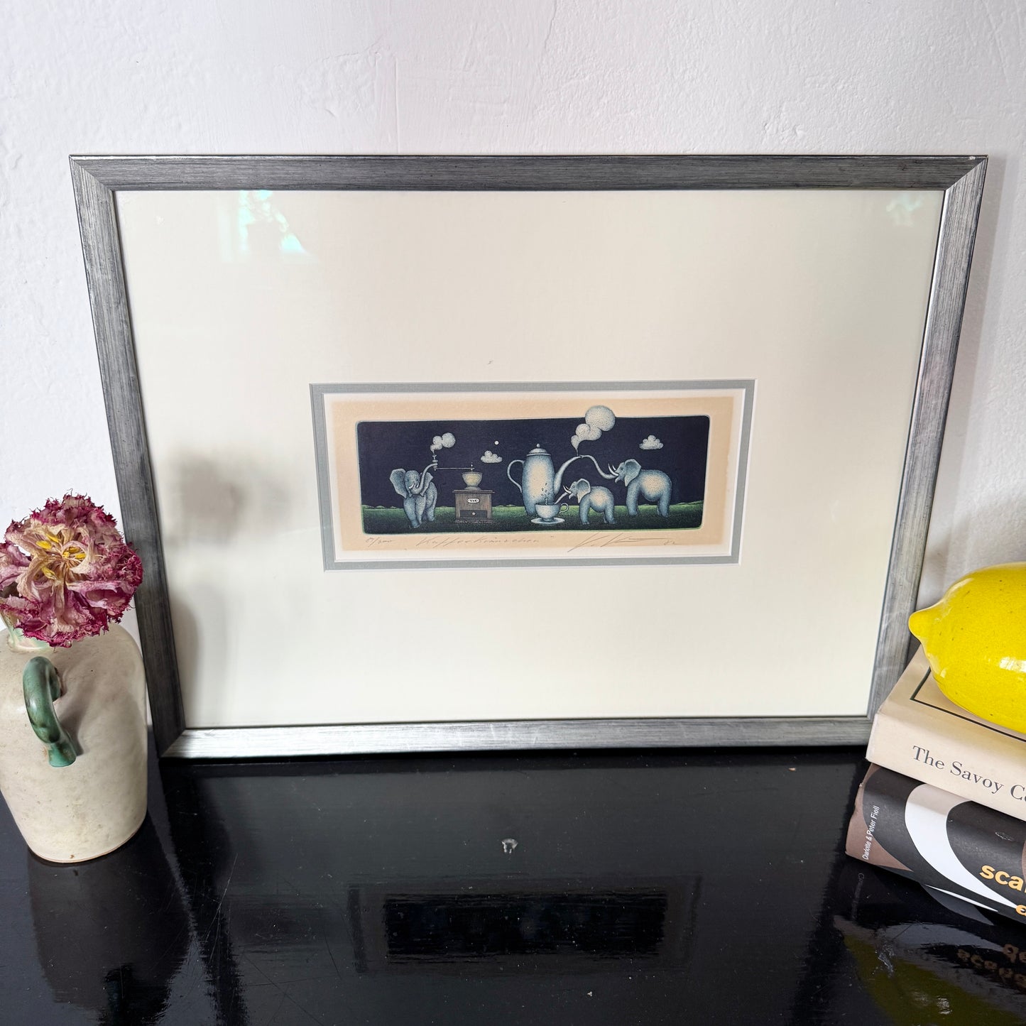 Volker Kühn. Signed Color Etching. Elephants Brewing Coffee