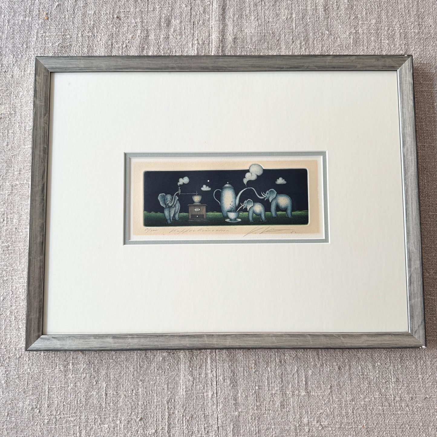 Volker Kühn. Signed Color Etching. Elephants Brewing Coffee