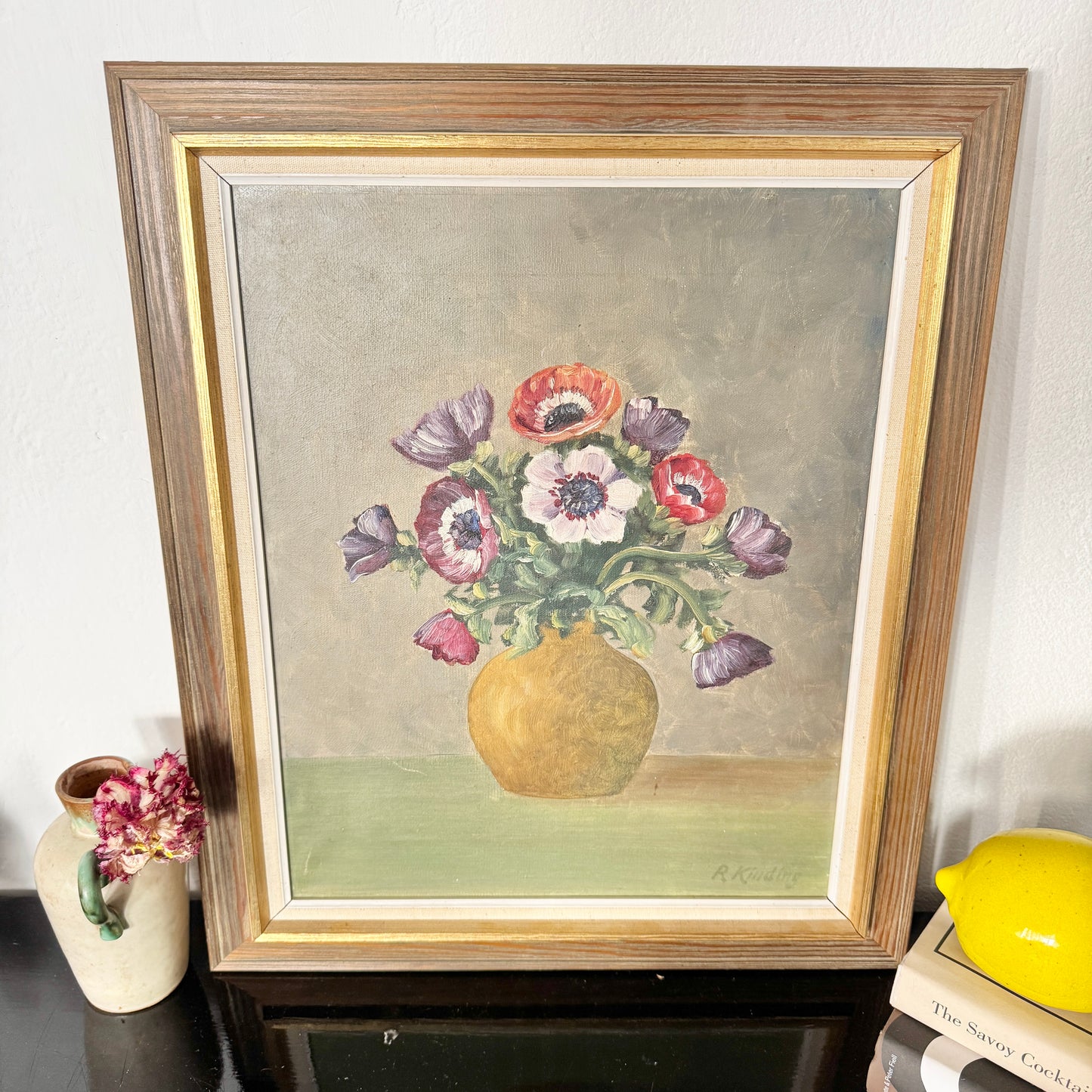 Anemones in Ochre Vase. Vintage Swedish Oil Painting.