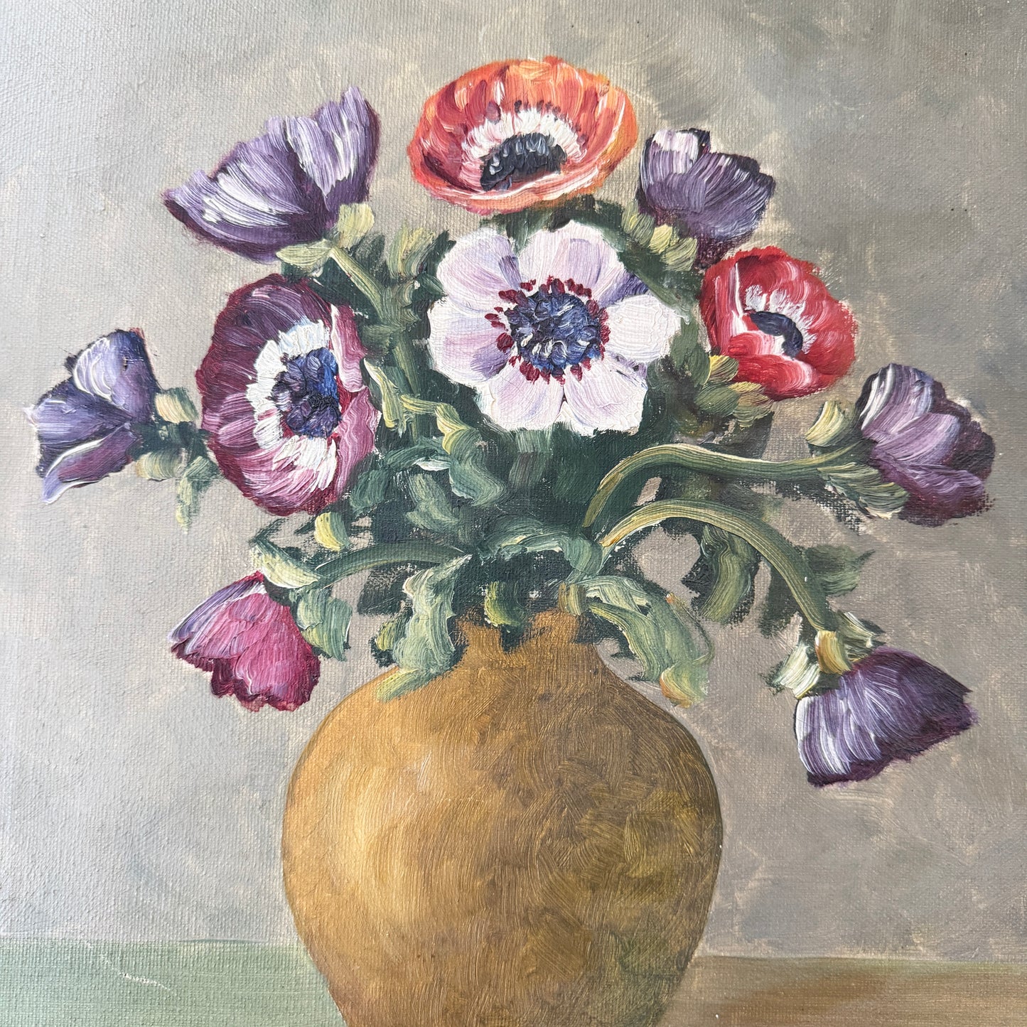 Anemones in Ochre Vase. Vintage Swedish Oil Painting.