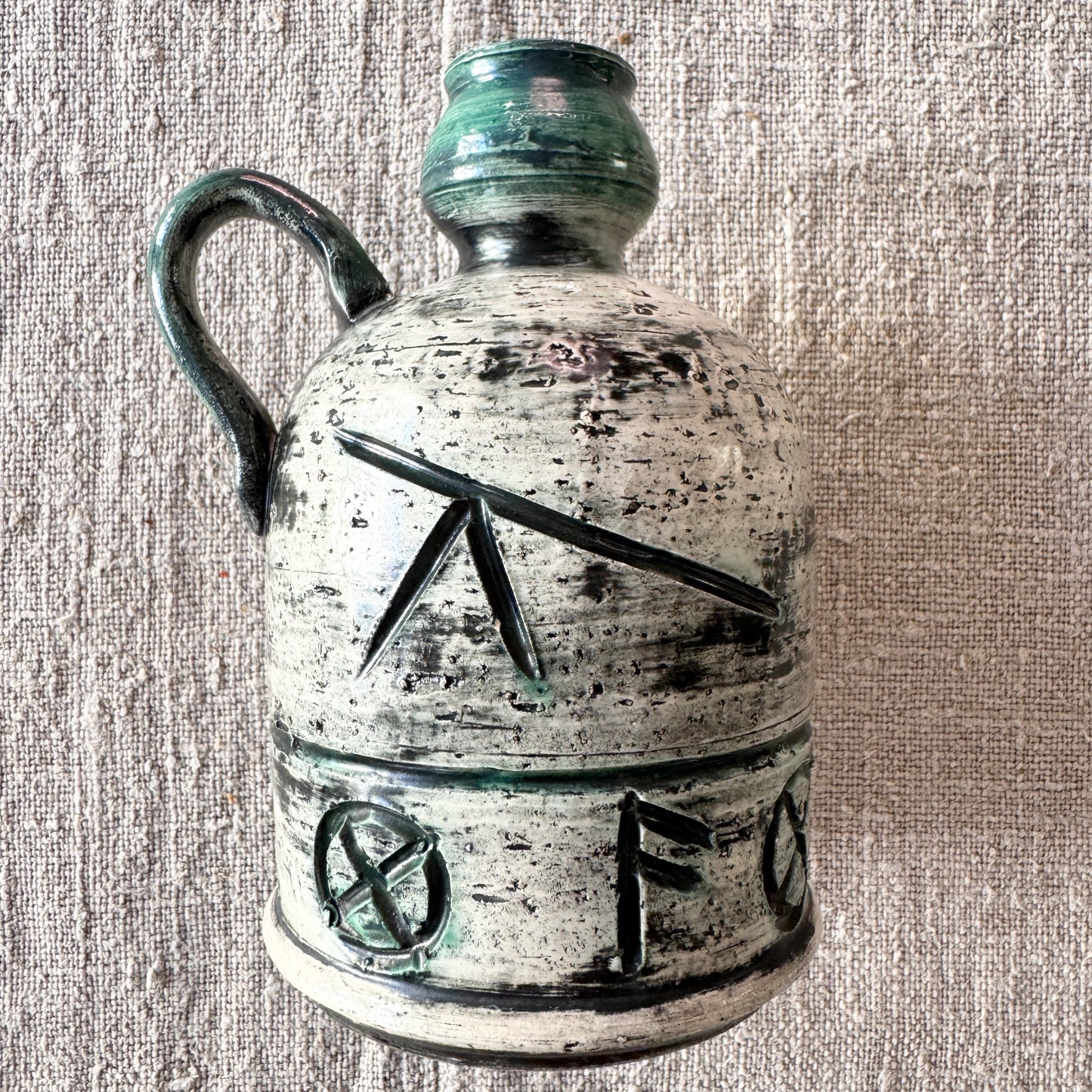 Arol, Norway. Vintage Stoneware Viking Ship Runes Candleholder Vase.