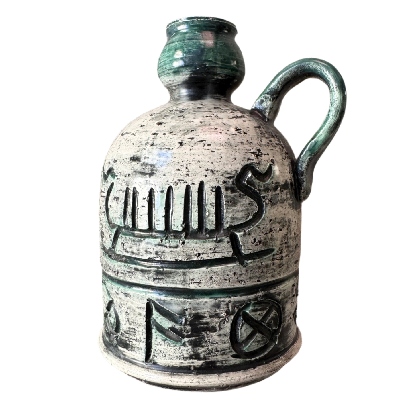 Arol, Norway. Vintage Stoneware Viking Ship Runes Candleholder Vase.