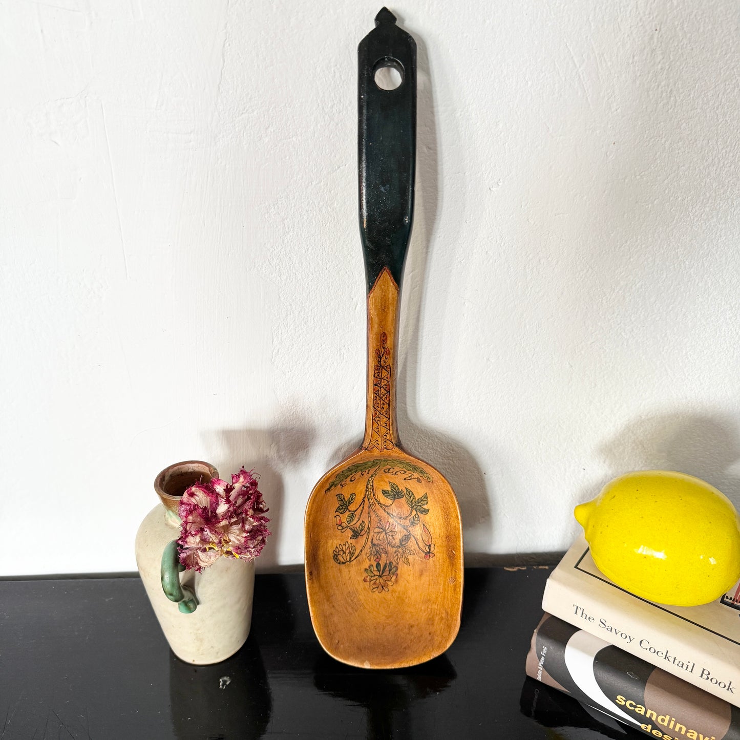 Sweden year 1893. Antique Large 17" Hand-painted Decorative Folk Art Wood Scoop.