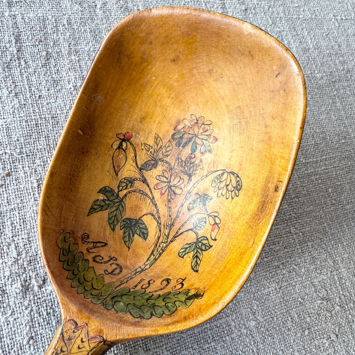Sweden year 1893. Antique Large 17" Hand-painted Decorative Folk Art Wood Scoop.
