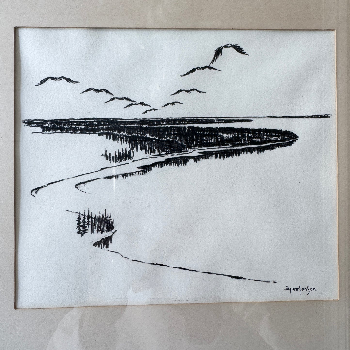 Shoreline 1955. Vintage Swedish Pen Drawing.