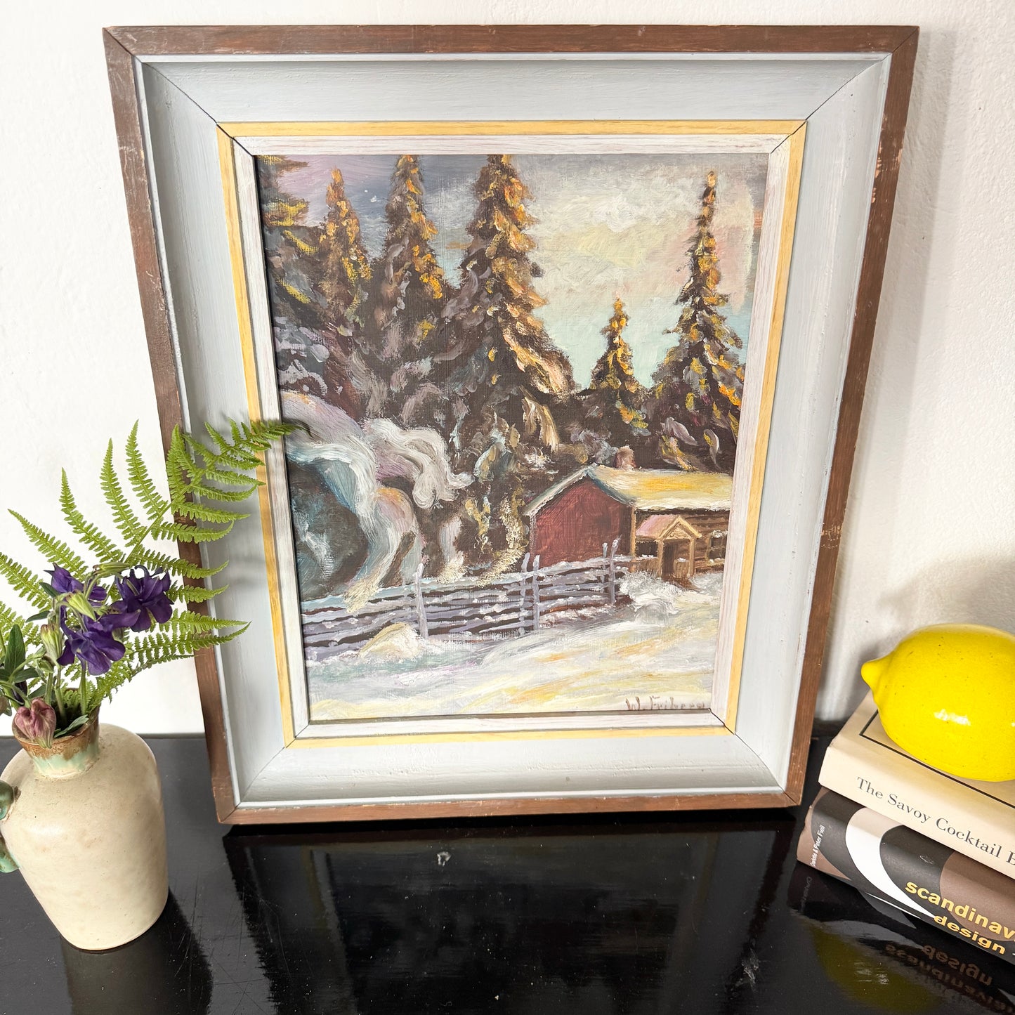 Golden Firs, Quiet Snow. Vintage Swedish Oil Painting.