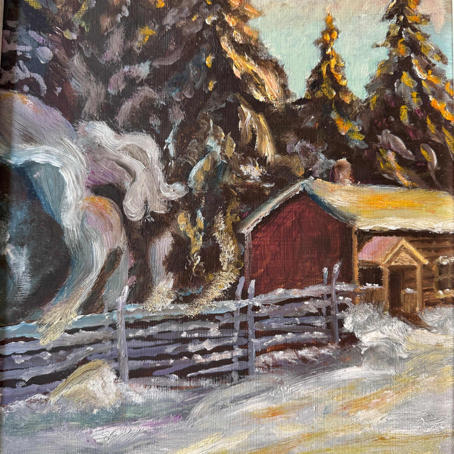 Golden Firs, Quiet Snow. Vintage Swedish Oil Painting.