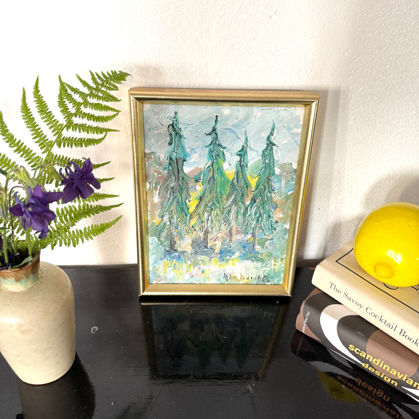 Four Fir Trees. Vintage Swedish Oil Painting